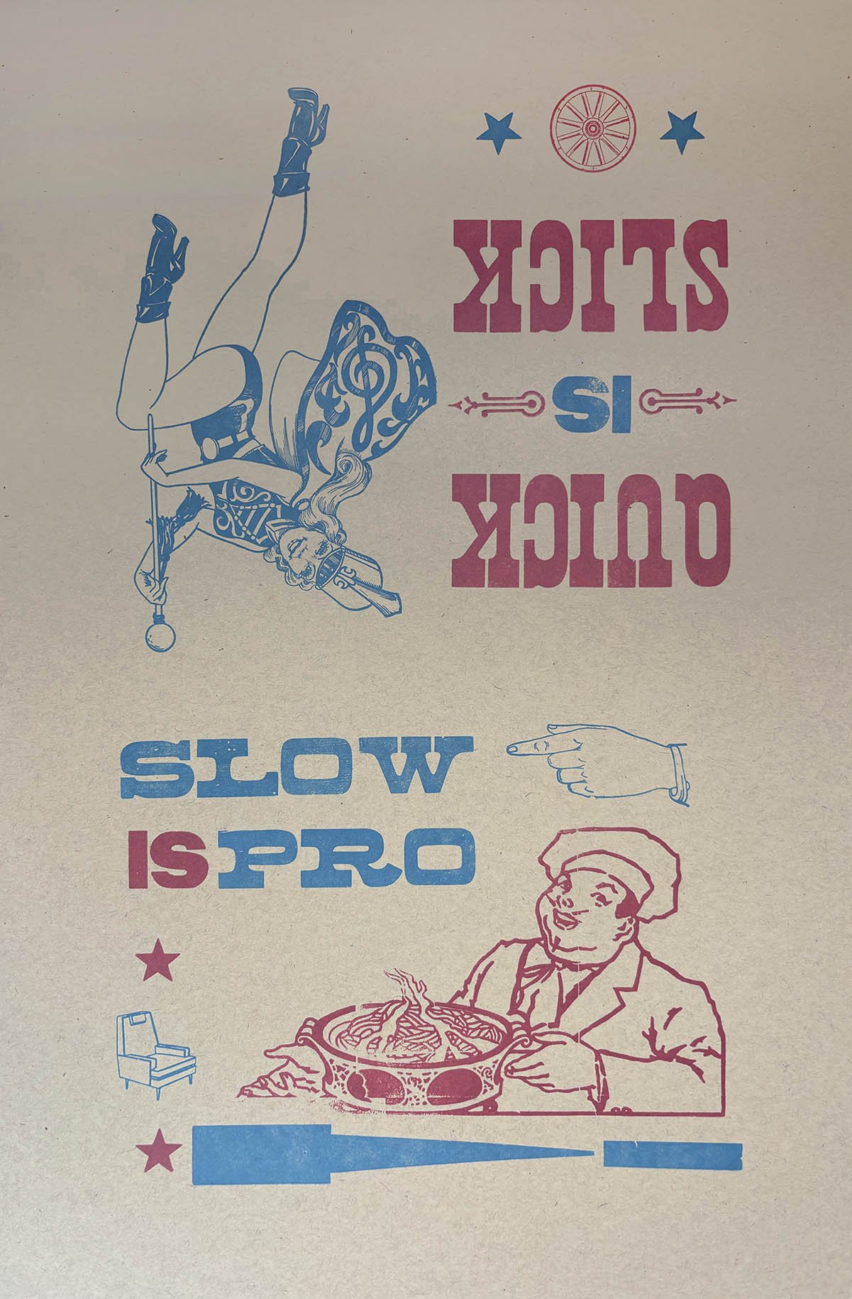 Retro-style poster with illustrations of a woman in a swimsuit holding a pool cue, a pointing hand, and a chef with a bowl of food. The text says: 'Click is quick' upside down and 'Slow is pro' right side up, with stars and a wagon wheel design.