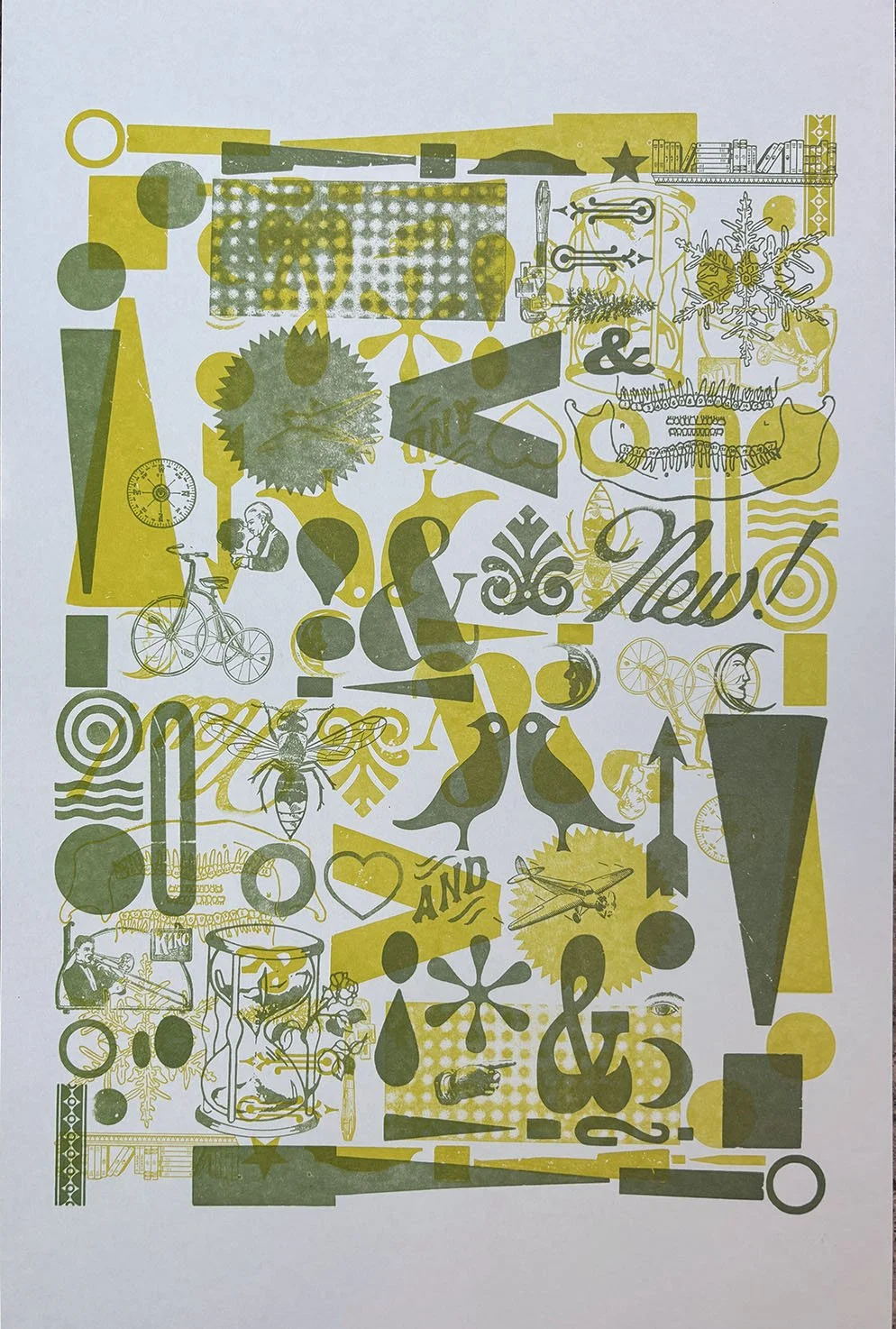 A collage of various yellow and gray illustrations and silhouettes including birds, bees, a bicycle, a plant, a clock, the text 'And & How!', and other abstract shapes and patterns.