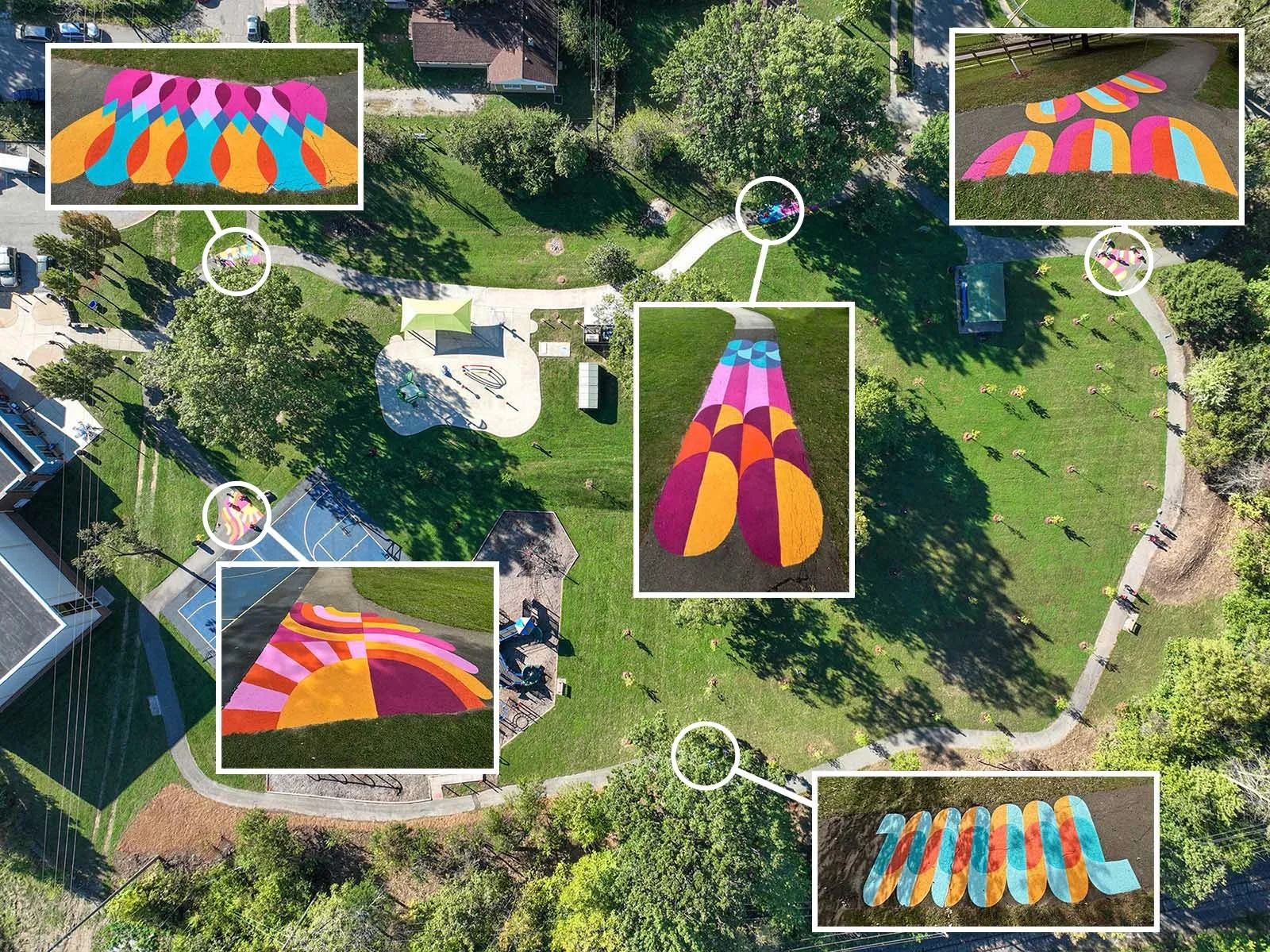 birds eye view of five colorful walkway murals