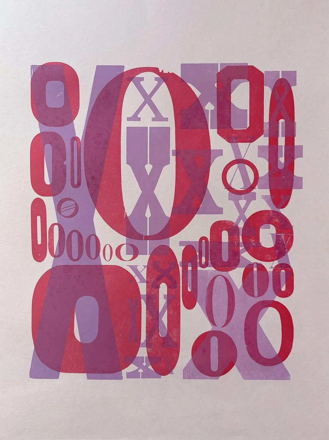 Abstract artwork with overlapping red and purple letters Xs and Os in a layered, colorful design.