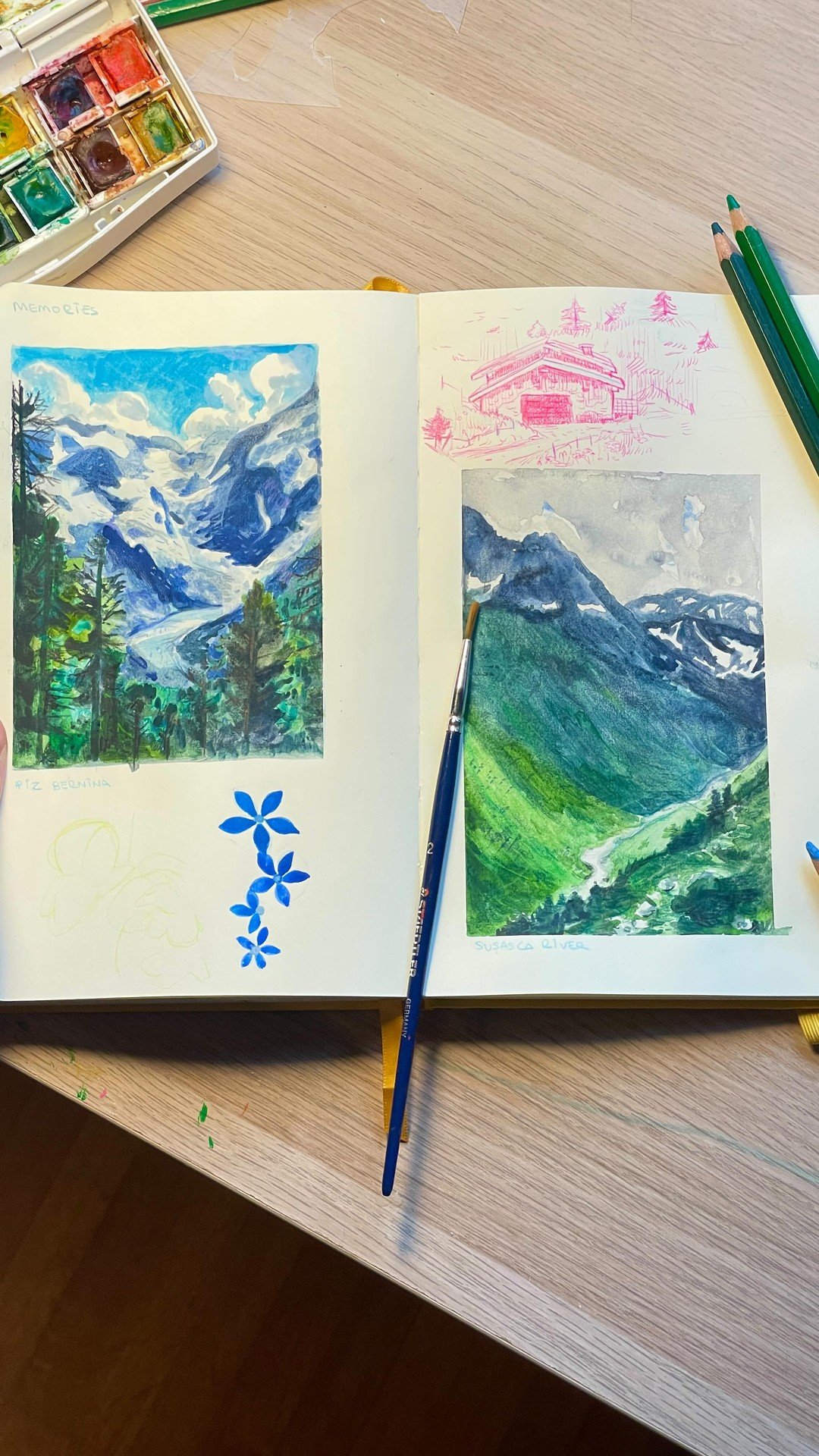 Sketching some beautiful memories from our summer road trip through Switzerland ❤️ And the glimpse of the weather at home ❄️ 

#sketchbook #switzerland #carandache #illustration #roadtrip #travelmemories #drawing #watercolour