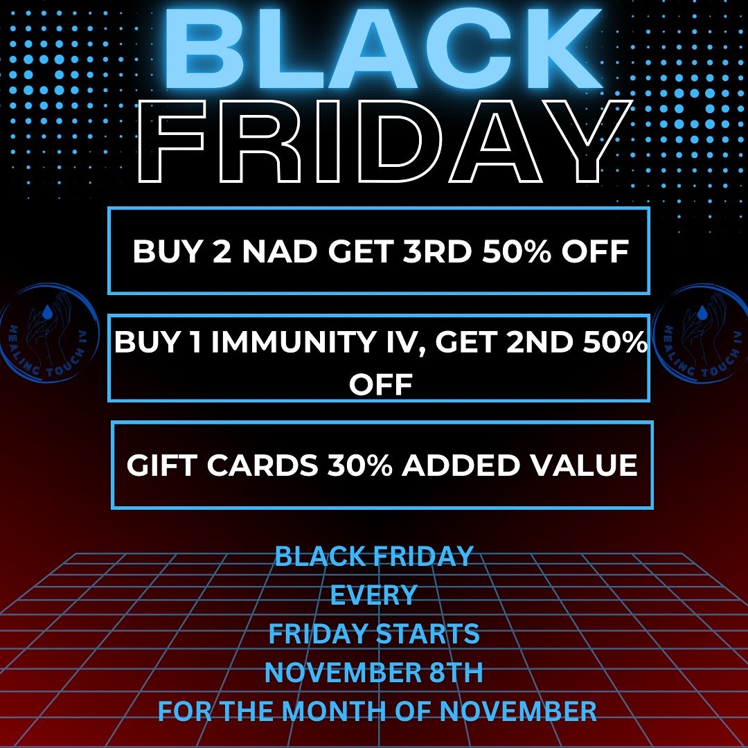 🎉 Black Friday Sale Starts This Friday! 🎉

We&rsquo;re kicking off Black Friday early with BIG savings every Friday in November! Don&rsquo;t miss out on these exclusive offers:

✨ Buy 2 NAD IVs, Get 1 50% Off!
✨ Buy 1 Immunity Boost IV, Get the 2nd