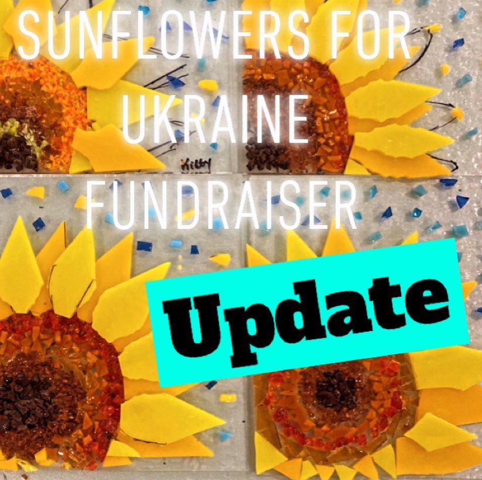 Together we have raised $4480 for Ukrainian humanitarian relief through the Red Cross. Thanks to our partners for participating. @pghglasscenter donated the sunflower Mosaic to Go kits. Thanks to everyone who has signed up and made a fused sunflower 