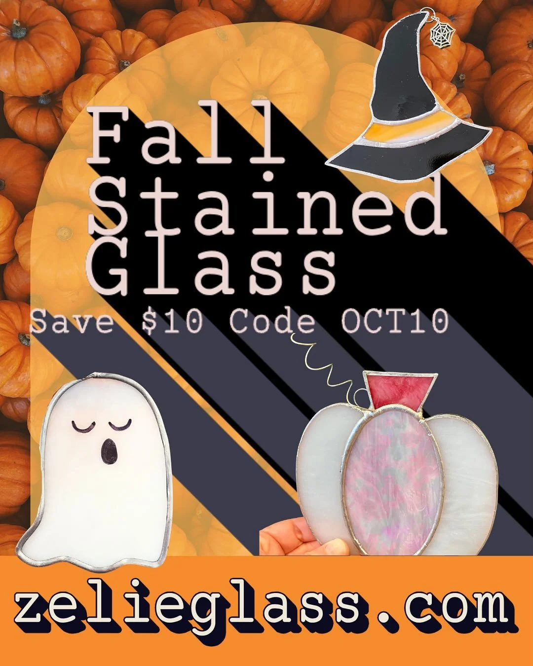 Big news, big deals! Save 10$ on ALL seasonal stained glass classes starting with this Saturday&rsquo;s pumpkins and ghosts class 🎃👻zelieglass.com