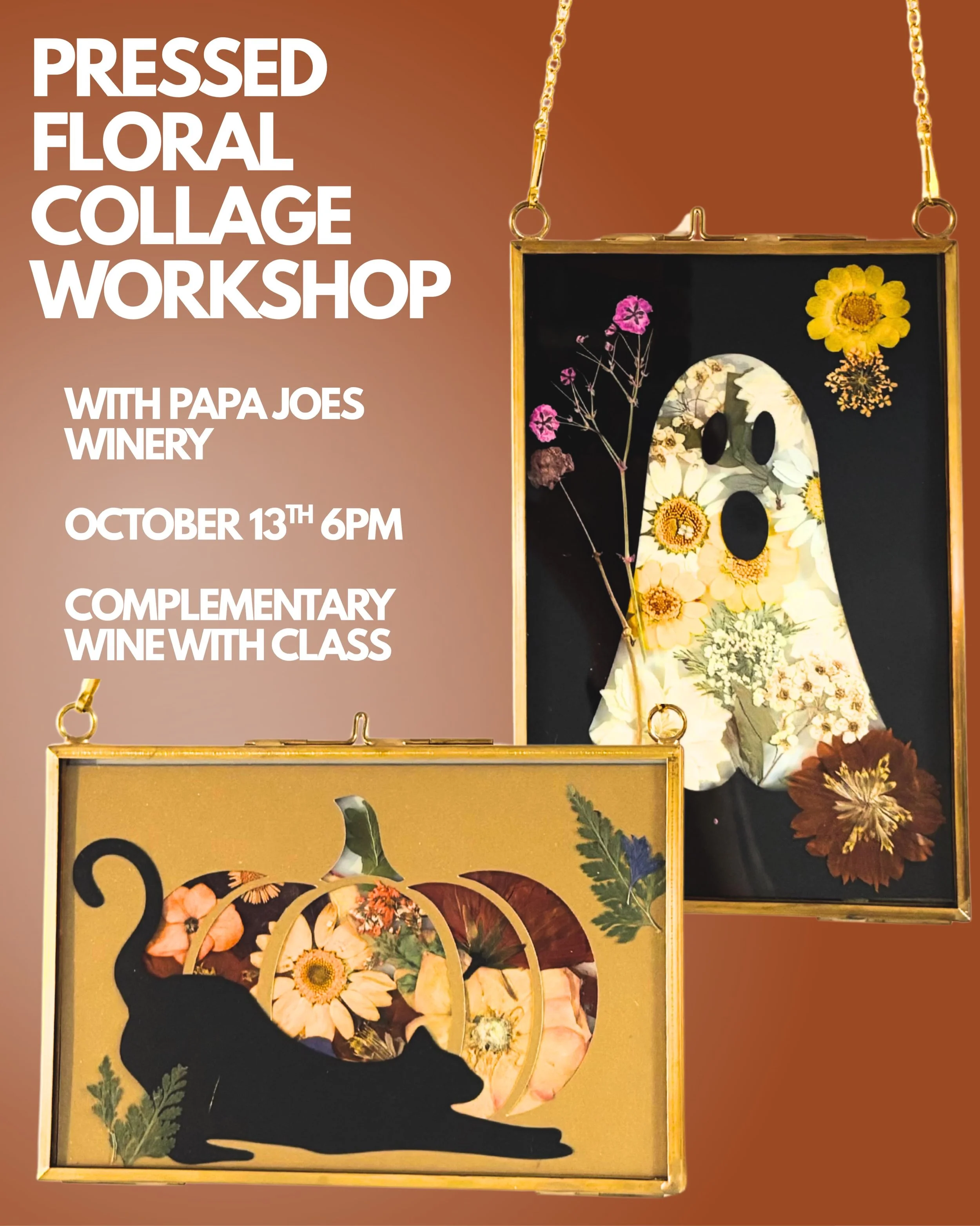 👻🍷 Free wine? What? Yes! Join us for our Fall Themed Shilloutte Pressed Flower Collage class and enjoy a complimentary glass of wine from @papajoeswinecellar October 13th at 6pm. Class will take place at Spring Street Studios. Snag your ticket at Z