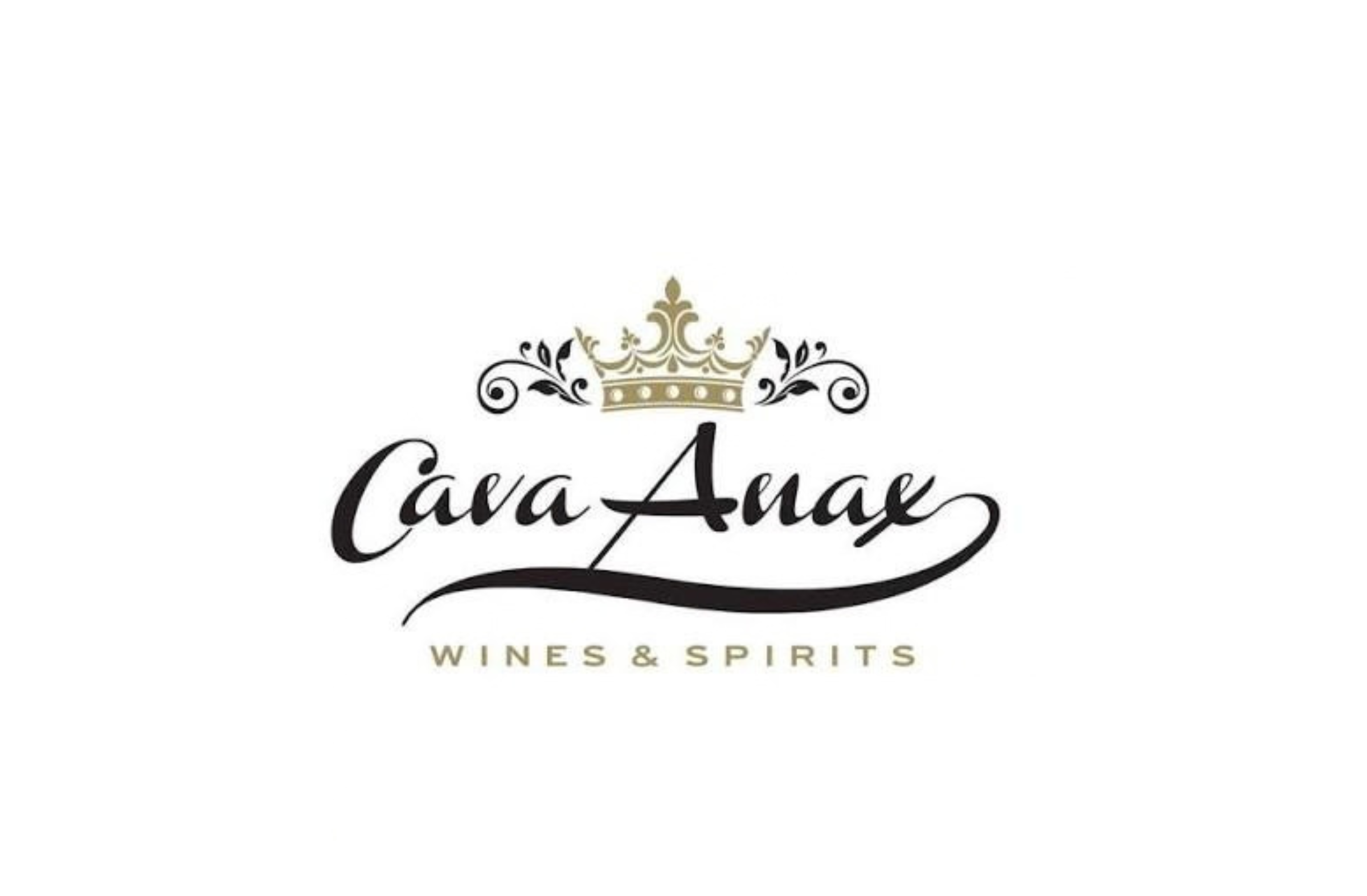 Logo for Cava Anax, a winery and spirits brand, featuring a gold crown and decorative black swirls, with the text 'Cava Anax' and 'Wines & Spirits' underneath.