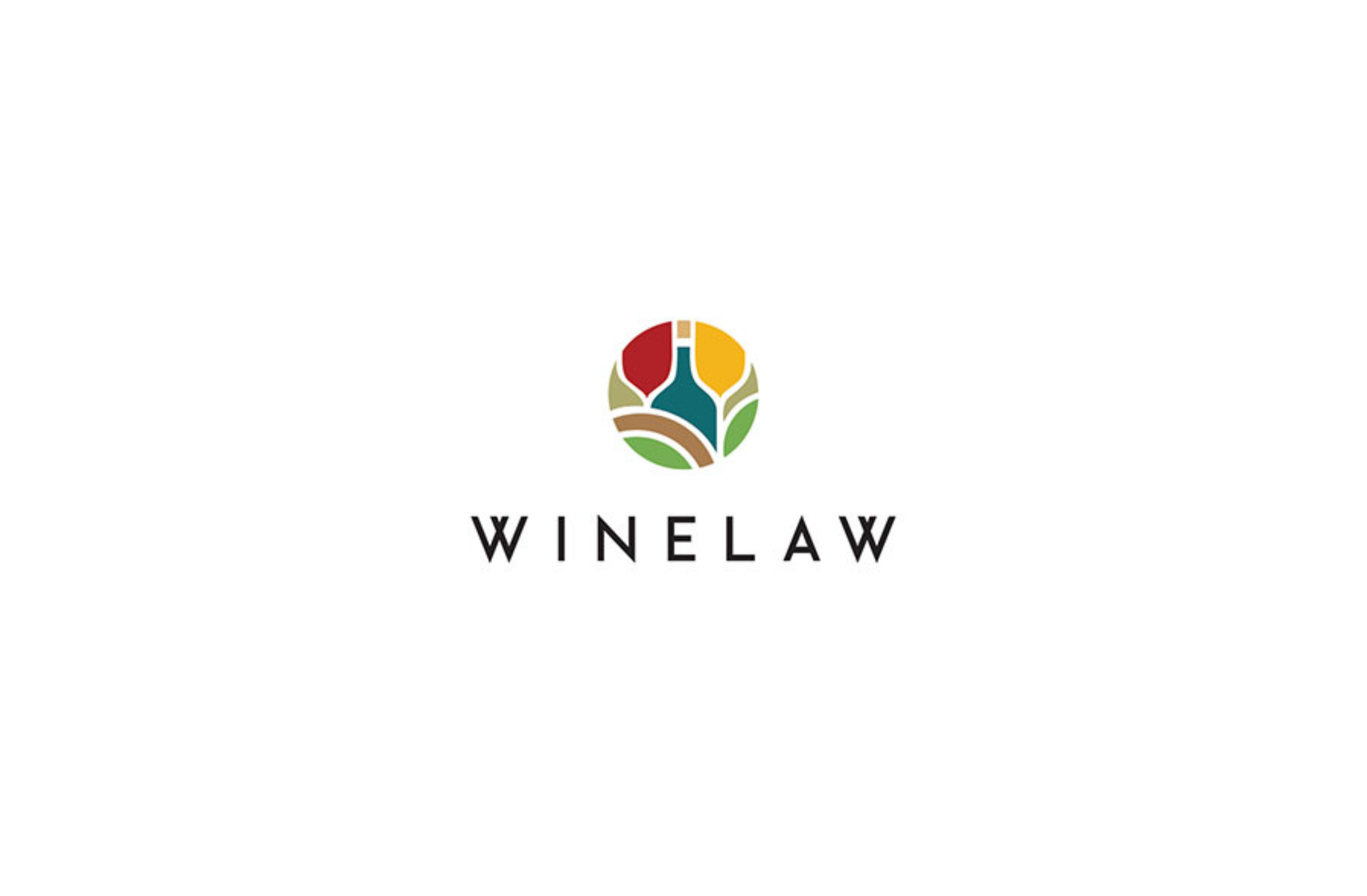 Logo for Winelaw featuring a stylized grapevine with red, yellow, green, and blue colors and the word 'WINELAW' below it.