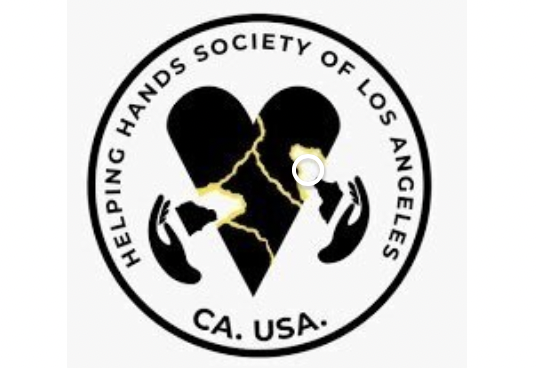 Logo of the Helping Hands Society of Los Angeles featuring a cracked black heart and two hands reaching towards each other, with a circular border and the text 'Helping Hands Society of Los Angeles, CA. USA.'