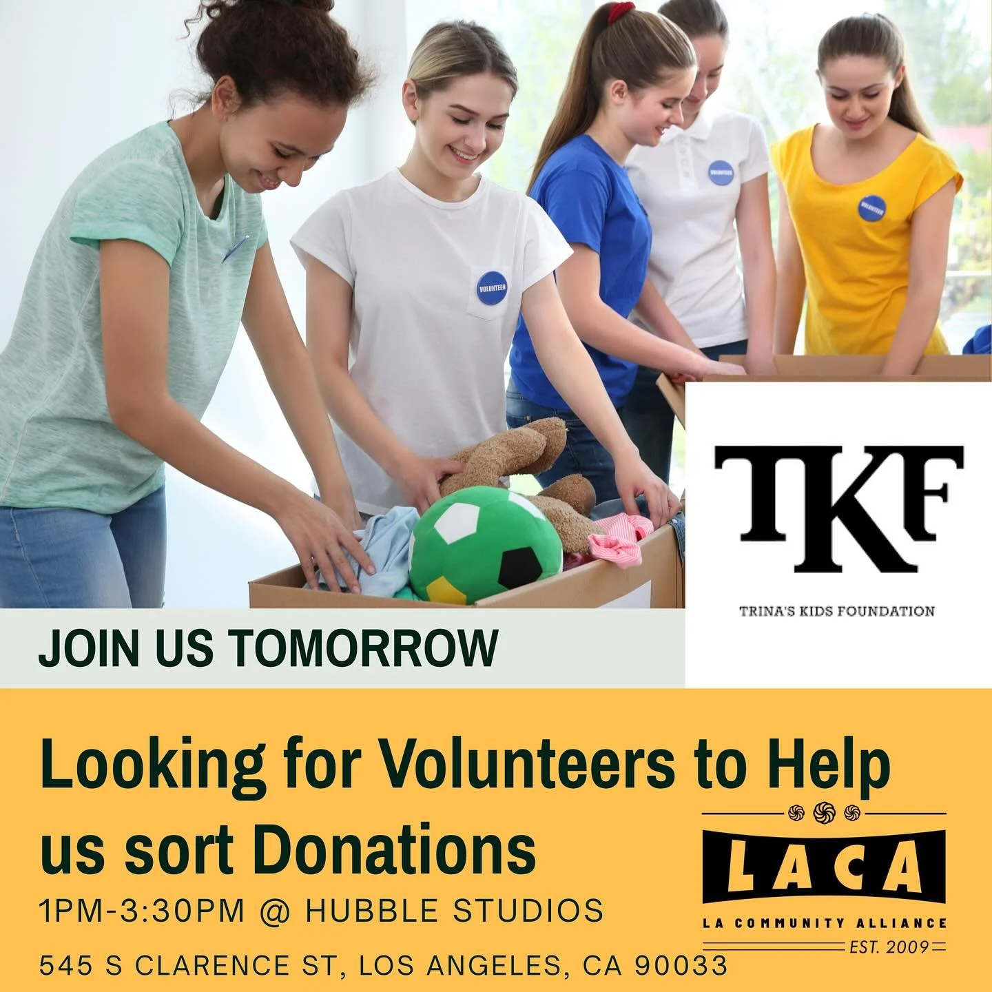 Calling all volunteers! We need your help tomorrow! We will be teaming up with @trinaskids and @hubblestudio to sort through a massive amount of donations for our community! Please DM us if you have time tomorrow from 1:00pm-3:30pm to join us downtow