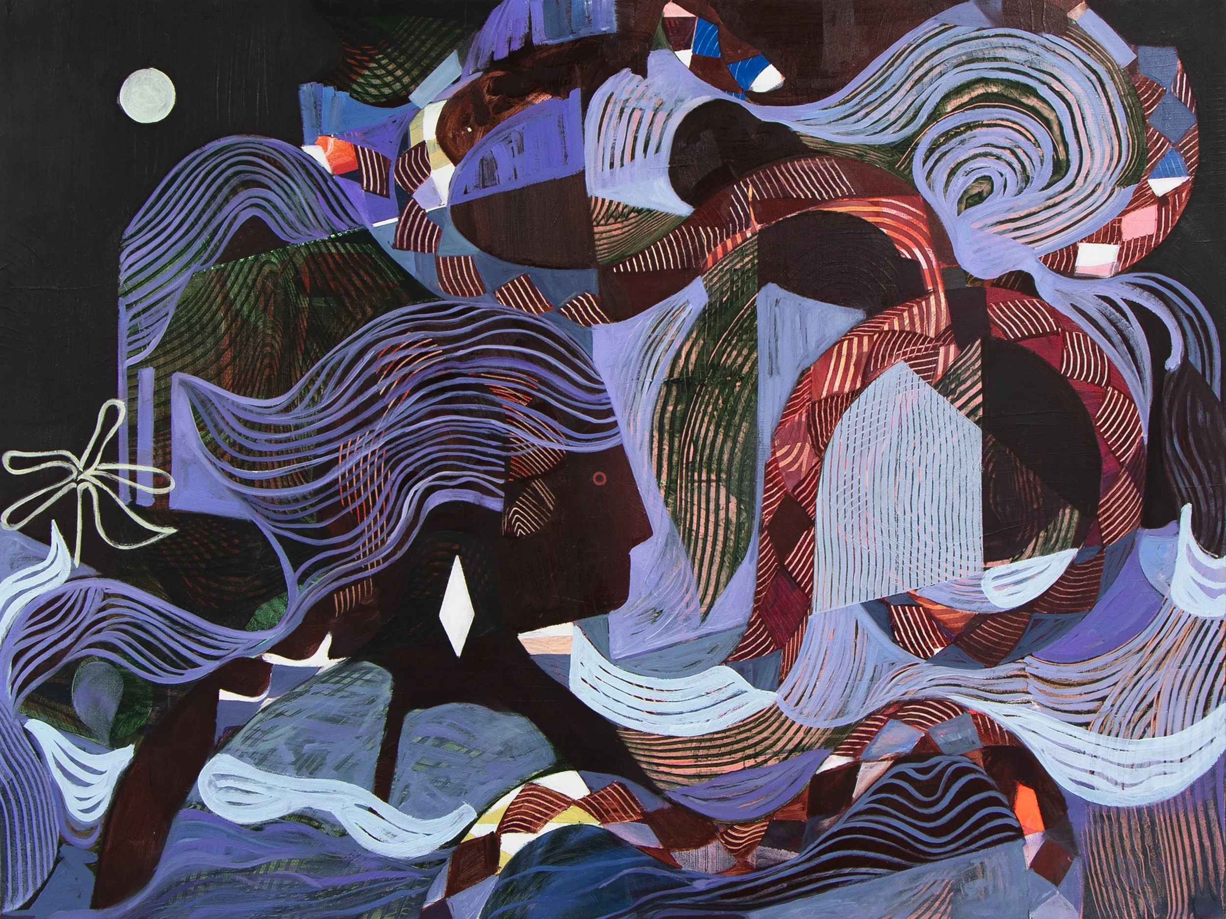 what brought you here? (night swim) (sisters of the tide #1) oil, gouache and acrylic on cotton 48" x 36" 2025 $4200