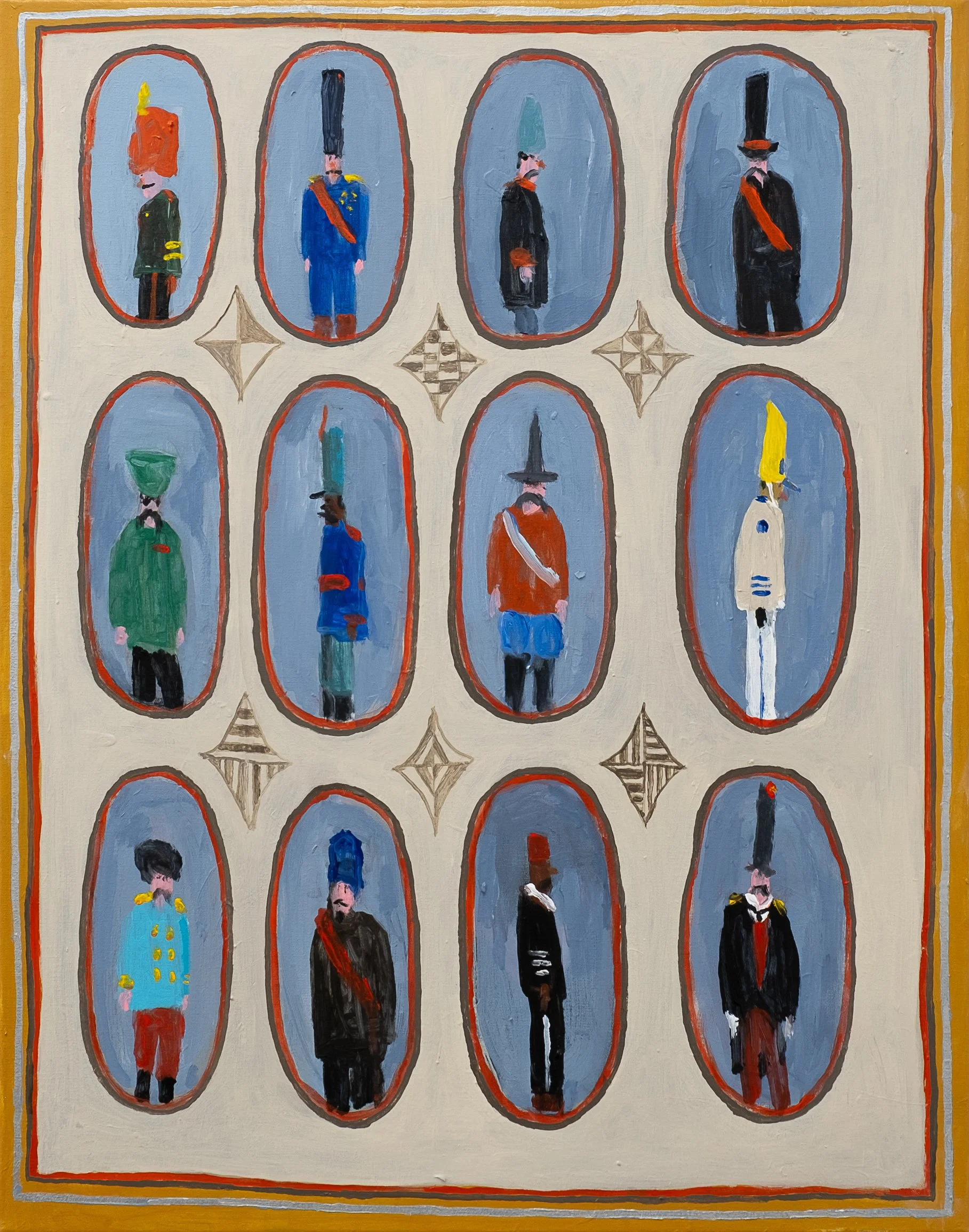 twelve minor officials 
acrylic on canvas 
22" x 28" 
2026 
$2000