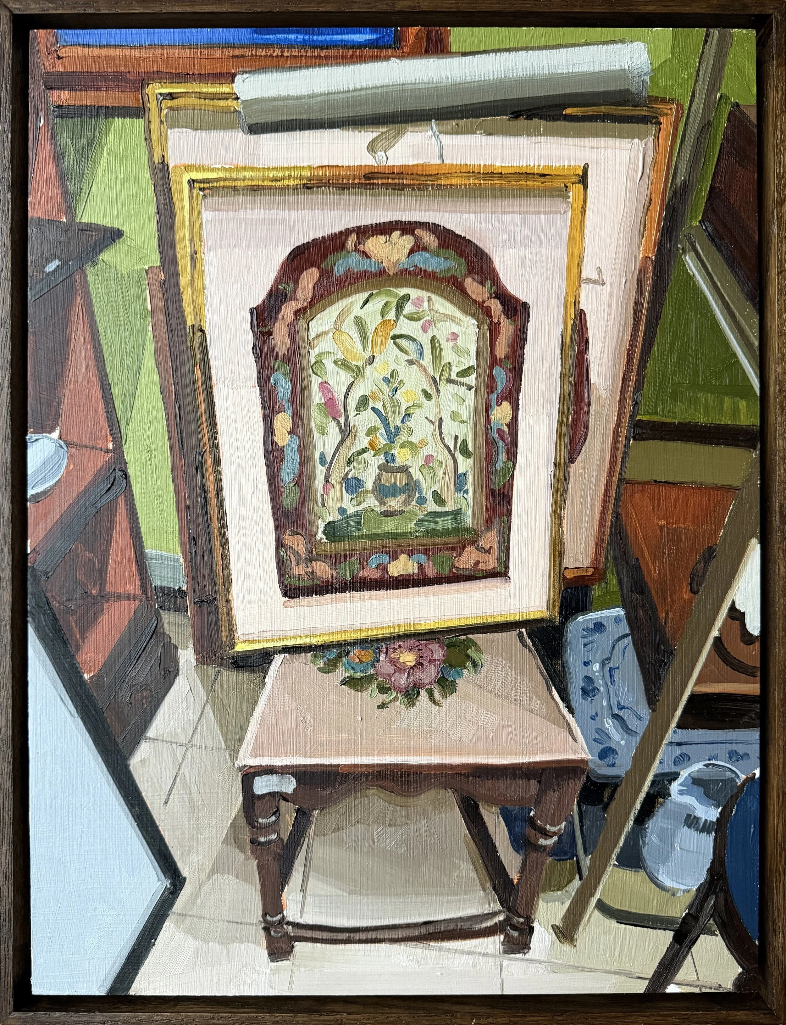 thrift store chair 
oil on wood panel, framed 
16" x 12" 
2026 
$1200