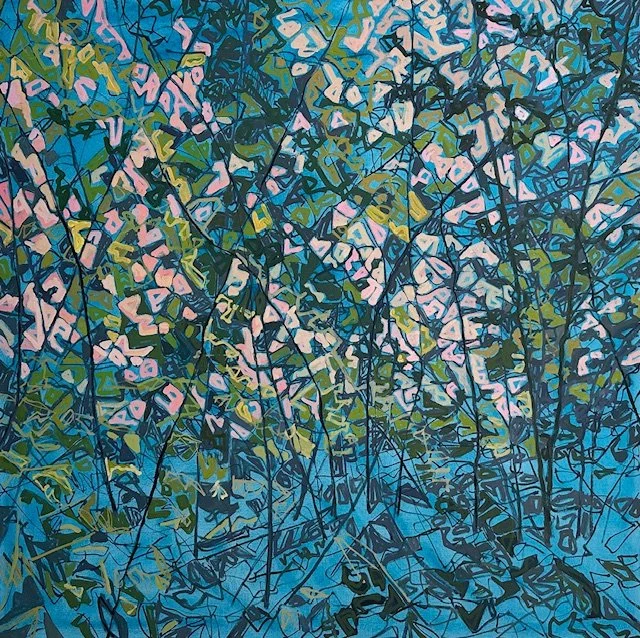 Electric Glade 3 by Kim Atlin. A landscape painting of trees and leaves, primarily in blues, greens and light pinks.