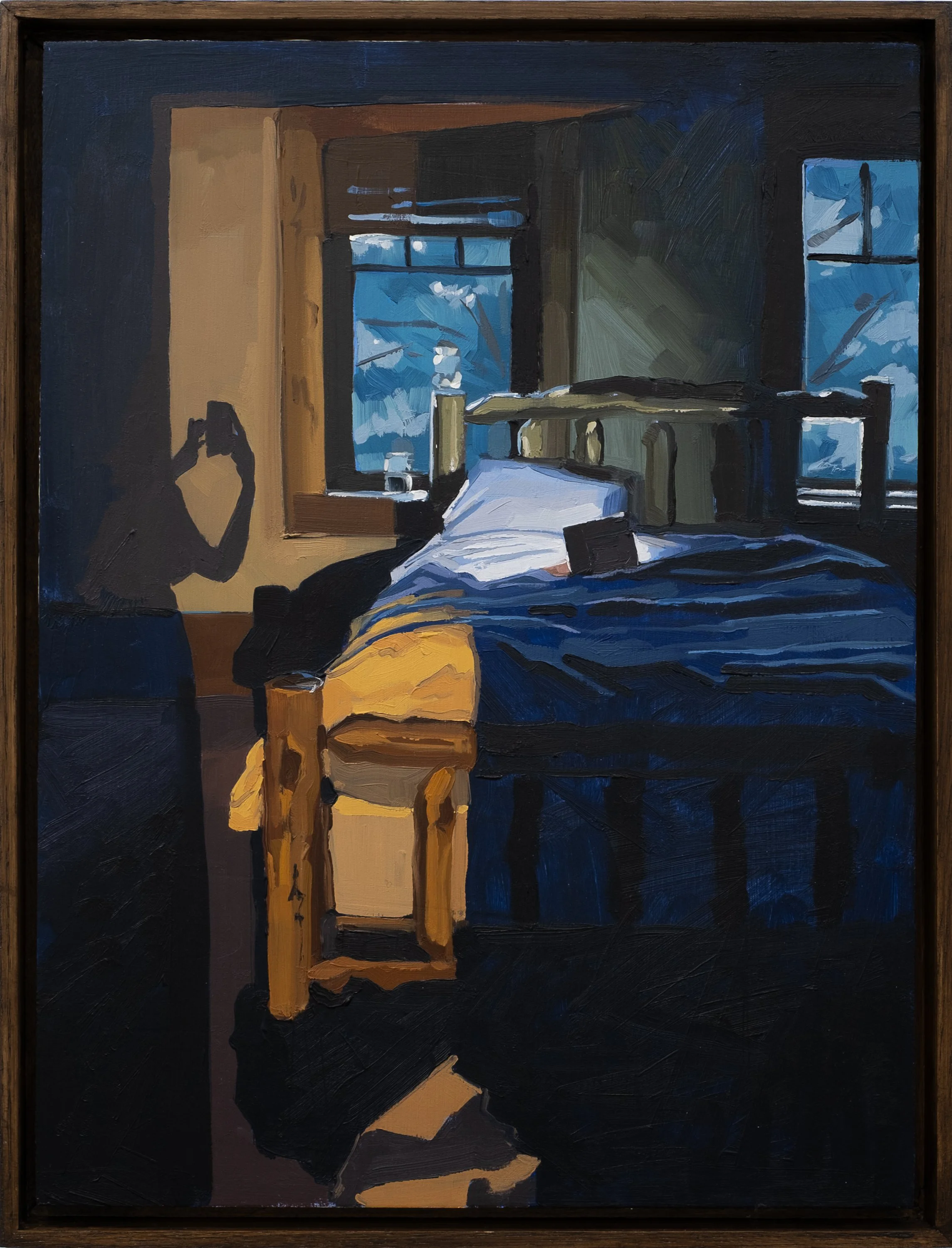 going to sleep early 
oil on wood panel, framed 
16" x 12" 
2025 
$1200