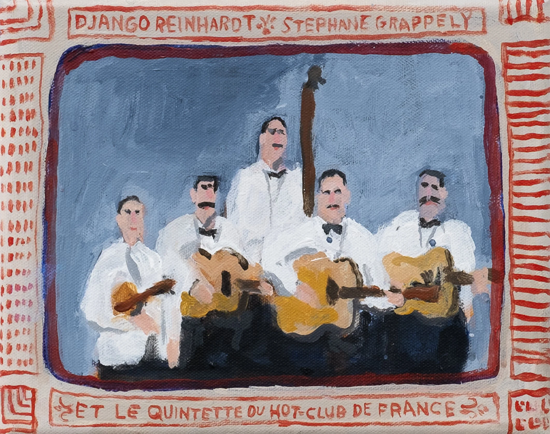Django Reinhardt, Stephane Grappely et le Quintette du Hot Club de France 
acrylic on canvas 
8" x 10" 
2026 
sold