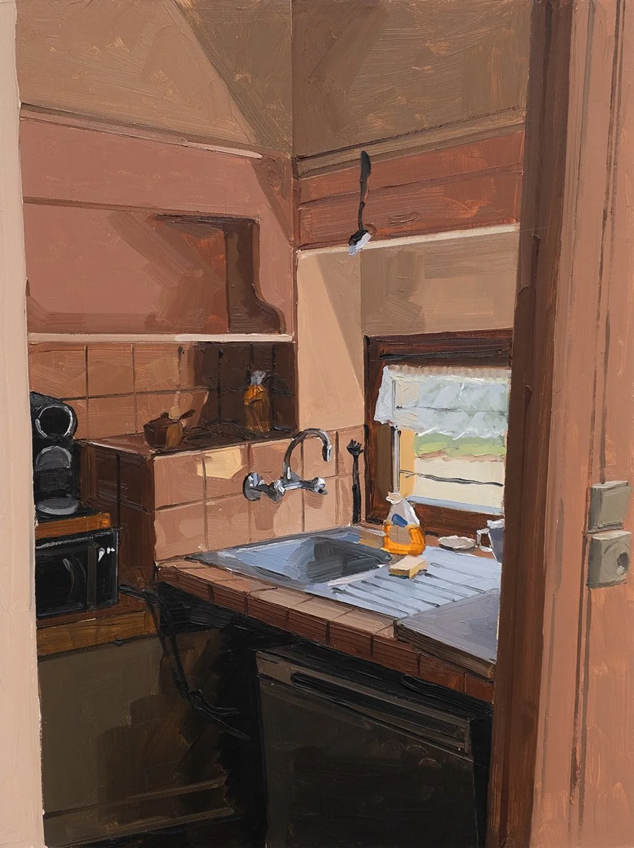 the yellow studios kitchen 
oil on panel 
16" x 12" 
2026