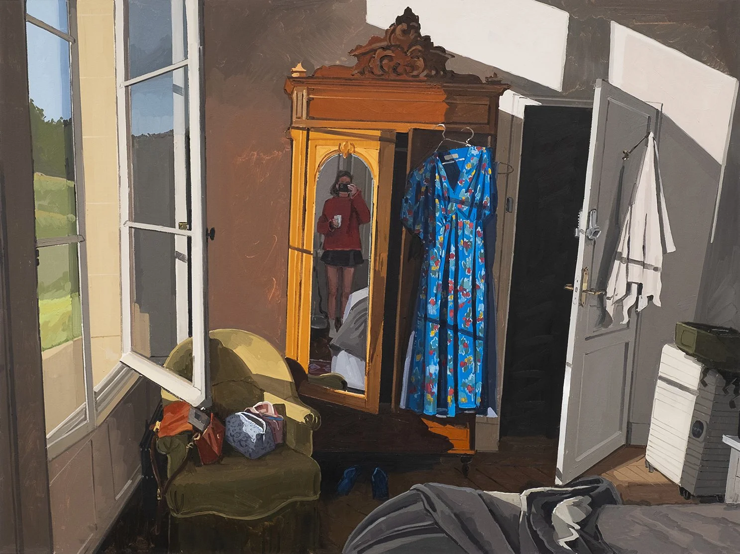 self portrait in wardrobe 
oil on canvas 
36" x 48" 
2026
