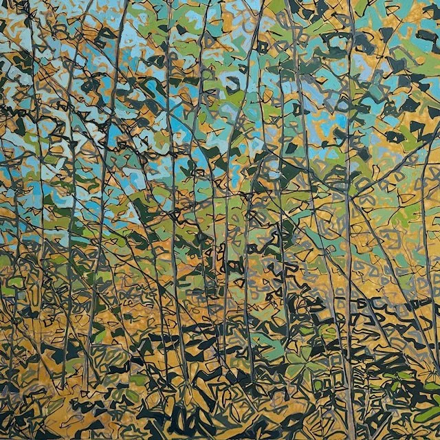 Electric Glade 5 by Kim Atlin. A landscape painting of trees and leaves, primarily in deep yellow, green and blue.