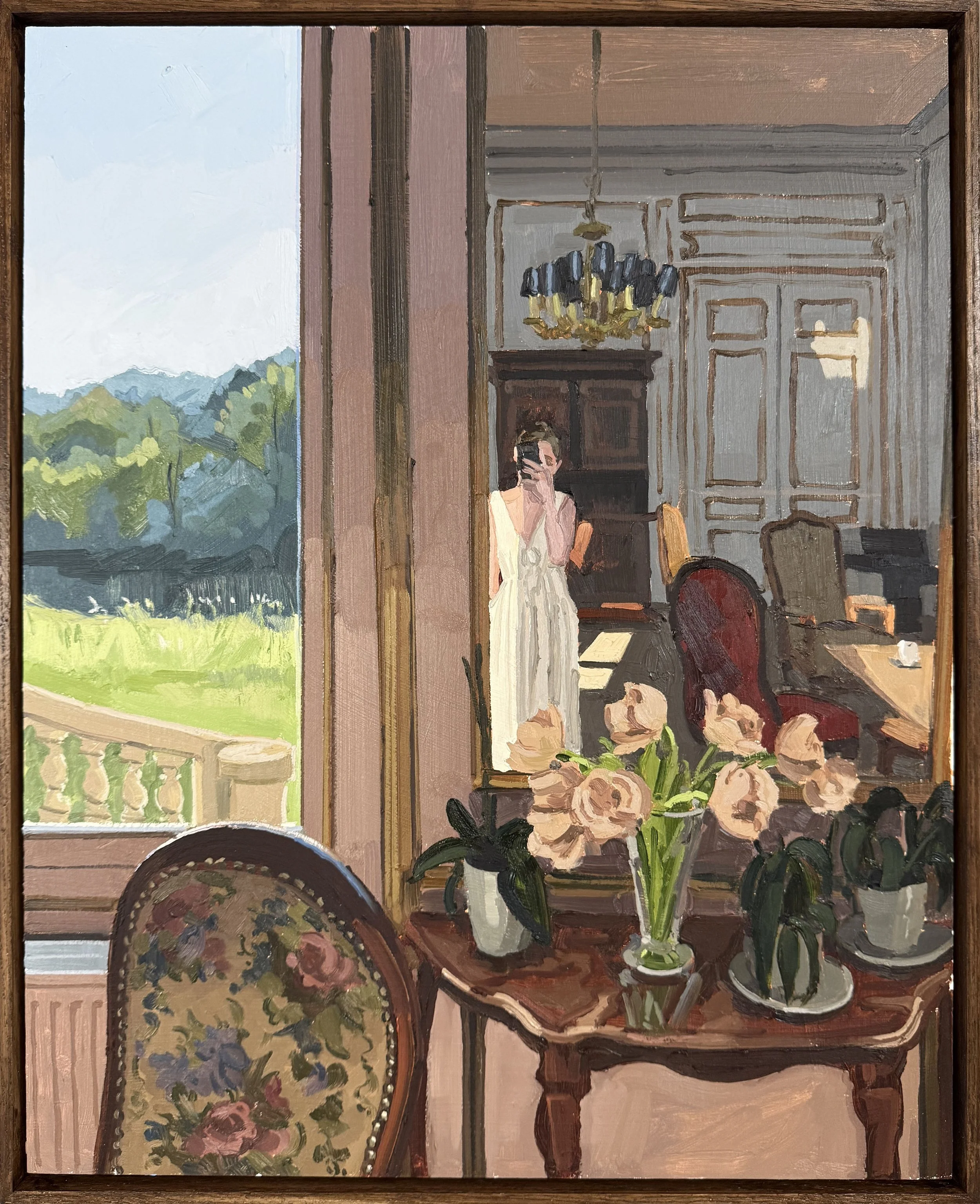 self portrait in the salon 
oil on wood panel, framed 
20" x 16" 
2026 
sold