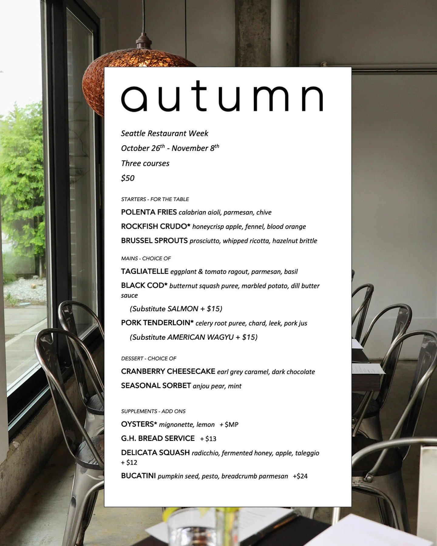 Seattle Restaurant Week starts this Sunday! Enjoy our three-course menu for a limited two-week run. Our &agrave; la carte menu will be served at the bar only.

Reserve your spot via the link in bio. 🔗
