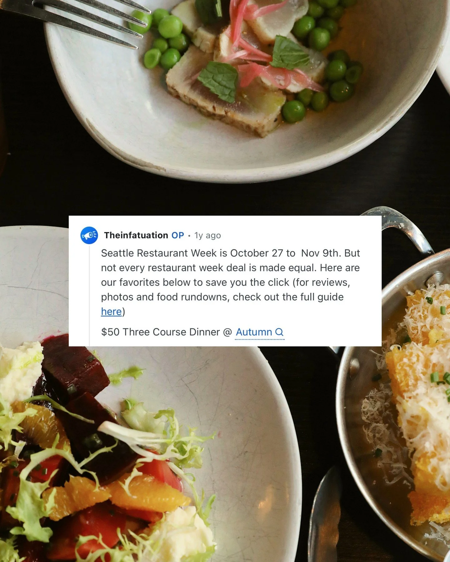 Back by popular demand and with the @infatuation_seattle seal of approval. Last year, our @seattlerestaurantweek menu was named one of their top picks, and we&rsquo;re keeping the same beloved deal this season.

Bookings available at our link-in-bio.