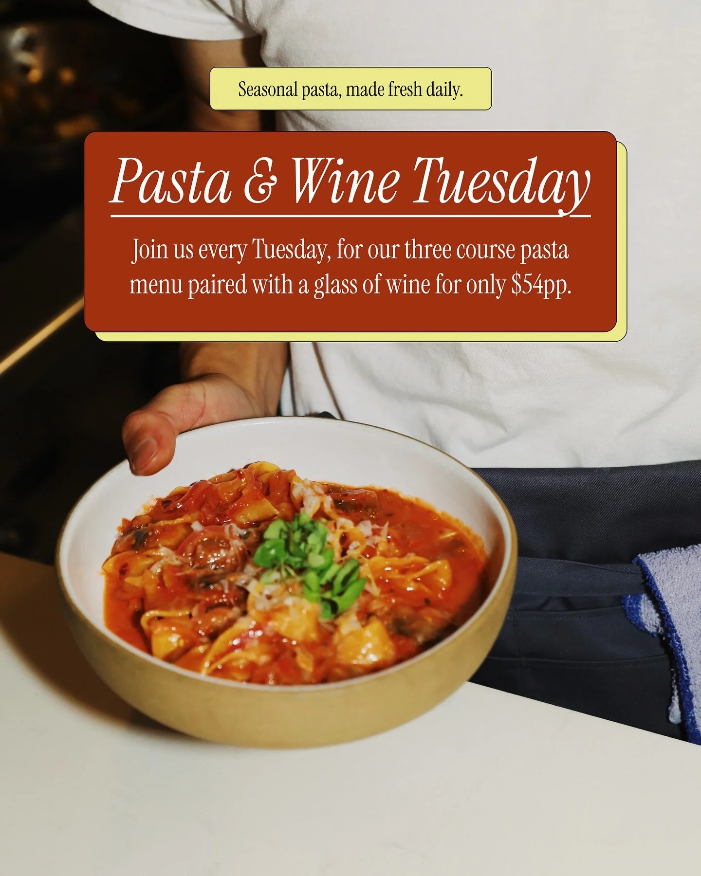 Your new Tuesday night tradition 🍝✨ A three-course dinner that begins with a crisp gem lettuce salad, followed by your choice of house-made pasta, and finished with a seasonal chef&rsquo;s dessert &mdash; paired with a glass of red or white wine. Sl