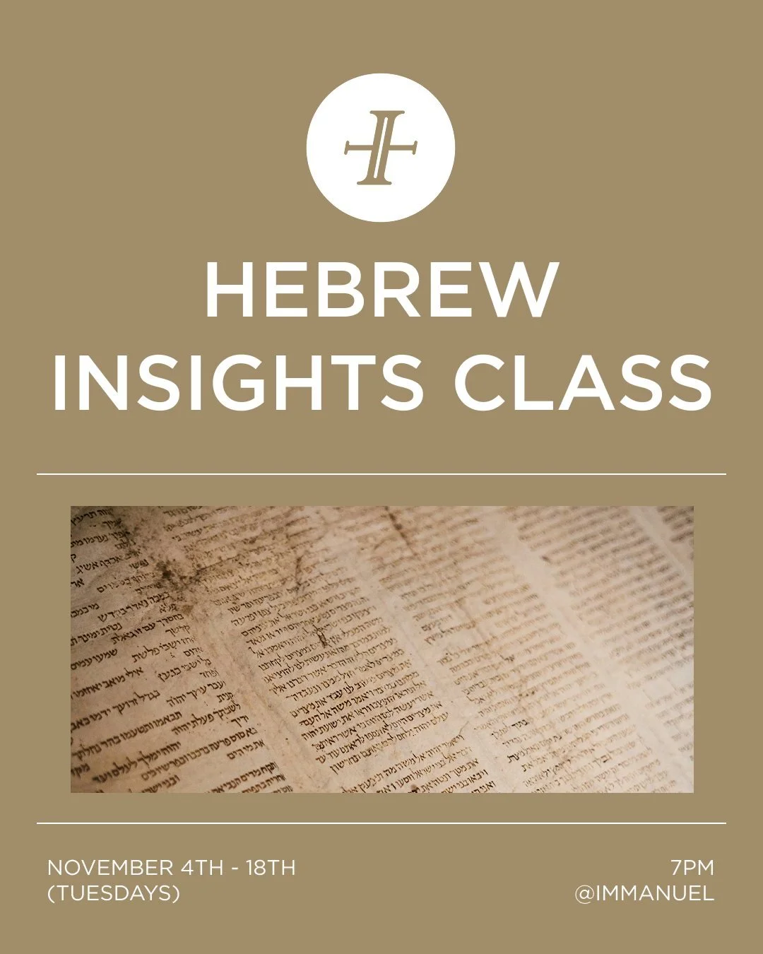 Join us November 4th - 18th (Tuesdays) at 7pm for our Hebrew Insights Class!

Rev. Ginny Seibel will be leading a study in Biblical Hebrew, where we will learn the Hebrew alphabet, do some Hebrew word studies, and talk about the relevance of Jesus' J