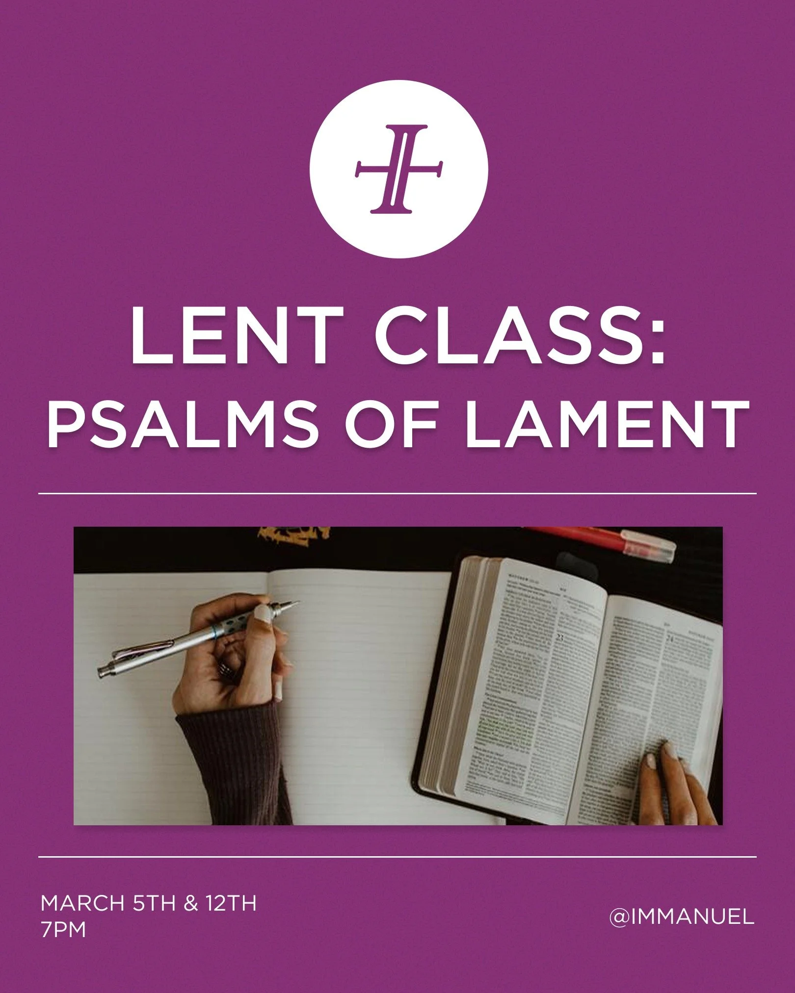 Join us March 5th and 12th at 7pm for our Lent Class: Psalms of Lament. 

Historically, the Lament Psalms have served as a framework for honest dialogue with God even in the unspeakable wreckage of a violent, shattered world. In this Lent class taugh