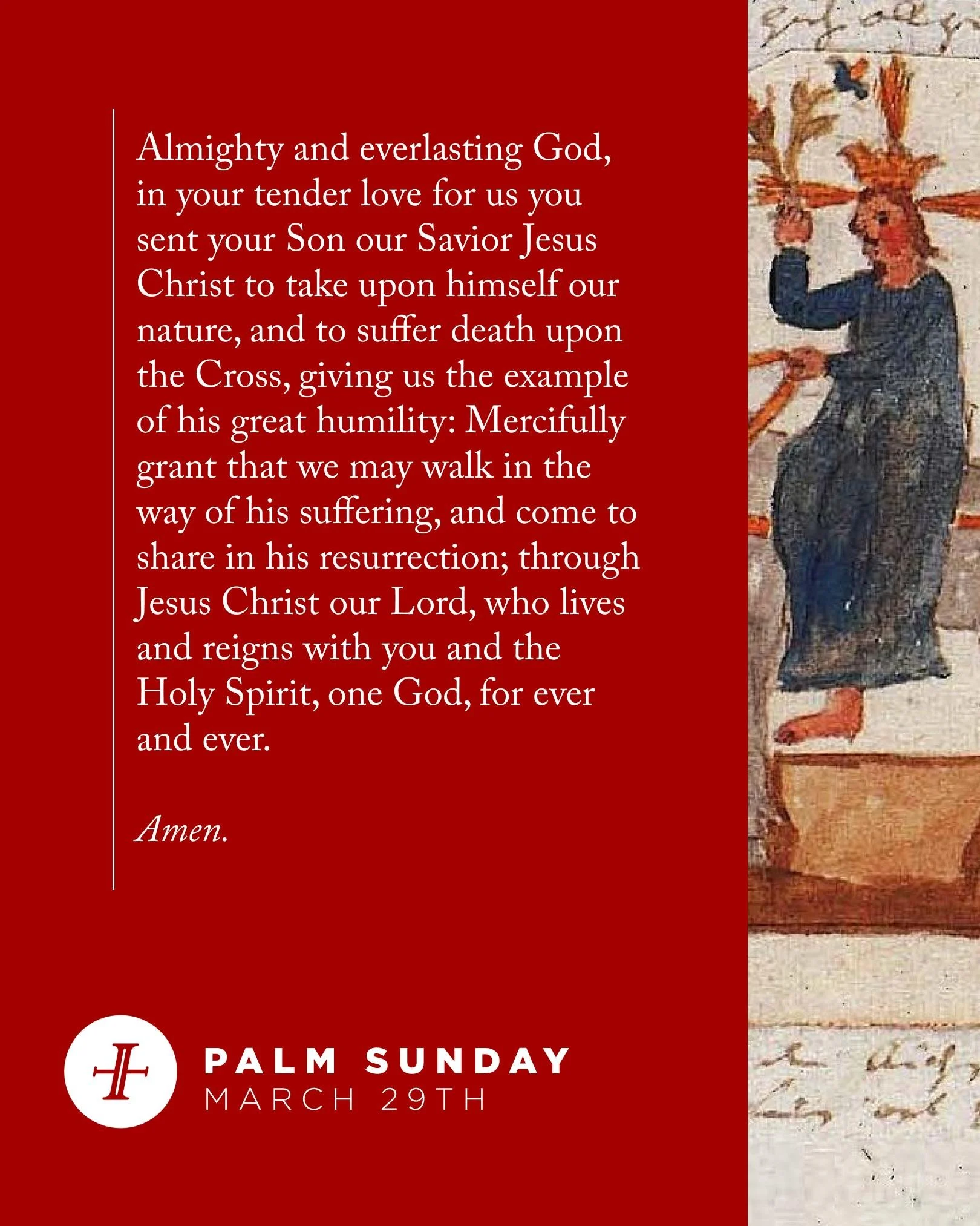 Good morning! Today is Palm Sunday, the final Sunday of the Lenten season and the first day of Holy Week. Easter is near!

Services at 9 and 11am.
Immanuel Kids (0 years to 5th grade) at 9 and 11am.
Immanuel Youth middle schoolers meet from 4-6pm. Hi