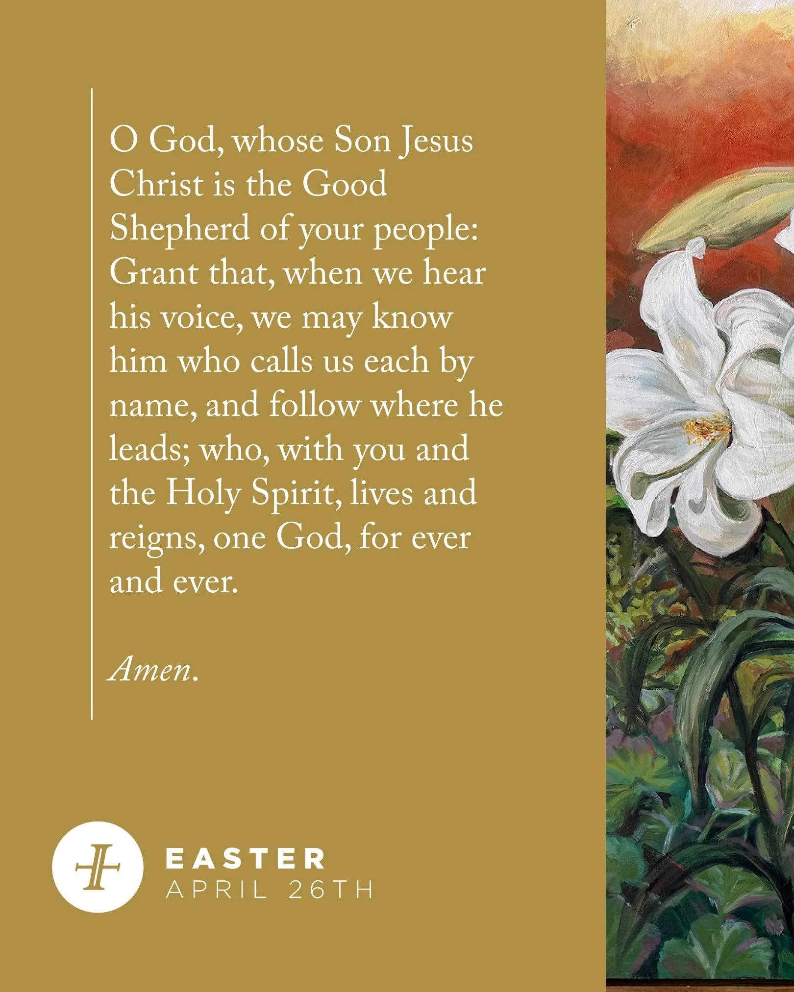 Good morning. Today is the fourth Sunday of Easter, a 50-day season of rejoicing. We look forward to seeing you today!

Services at 9 and 11am.
Newcomer's Meeting at 10:30am. 
Immanuel Kids (0 years to 5th grade) at 9 and 11am.
Immanuel Youth middle 