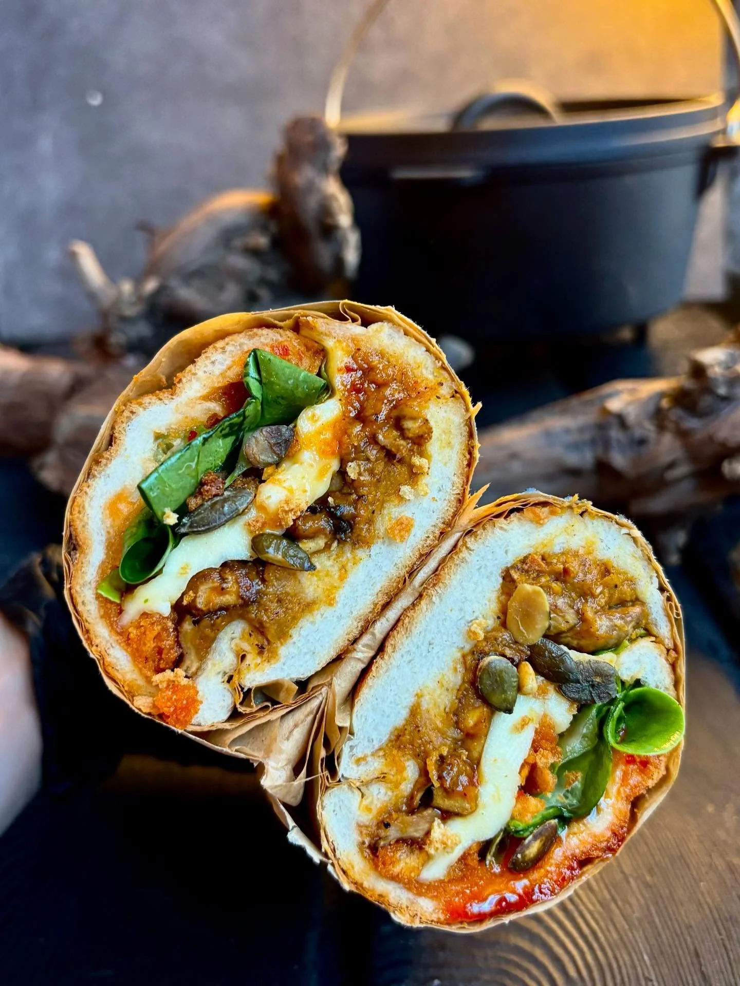the pumpkin spiced halloumi melt. irish squash / pumpkin pâté, toonsbridge halloumi, fermented hot honey, roasted Irish mushrooms, autumn greens on Remus’ ciabatta.
it’s an autumn hug in a sandwich.