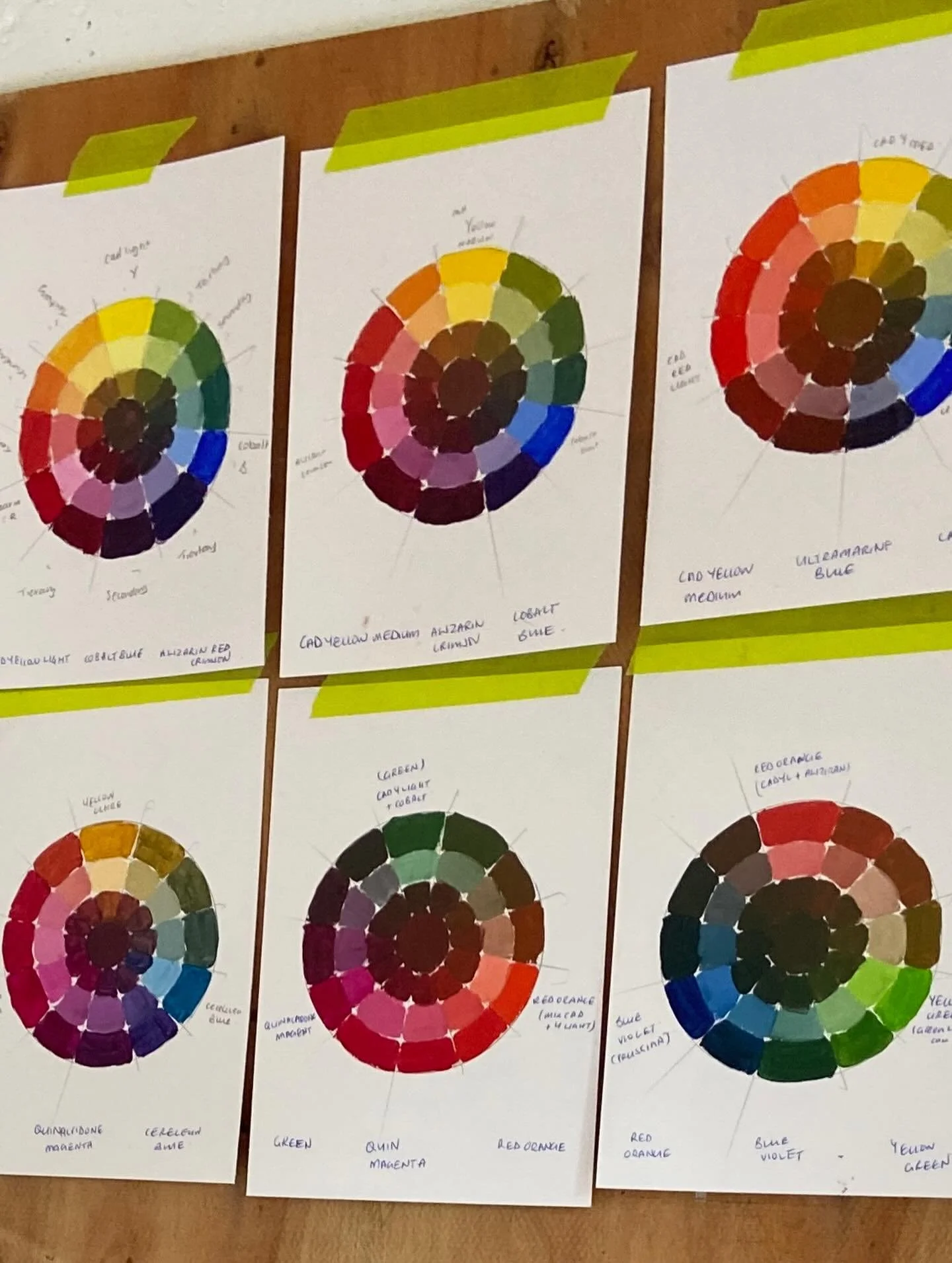 Building up some muscle memory around colour theory. 

I&rsquo;ve tended to use a limited, but representative palette in the past and I&rsquo;m enjoying playing about with these. Each wheel is made of only three colours, and white for the tints. Thes