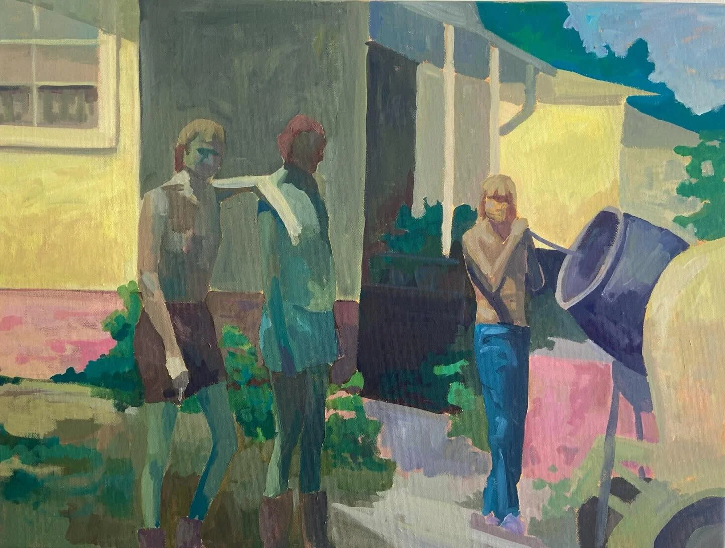 From the days when neighbours helped build each other&rsquo;s homes and lay each other&rsquo;s driveways.

Sunnynook Rd, Auckland circa 1972/3.

This painting has proven hard to photograph. If the yellow is right, the greens aren&rsquo;t 😅. But this