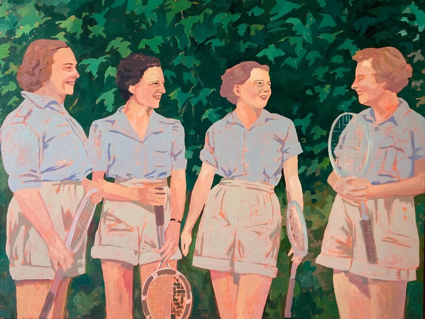 Everyone knew that Margaret was technically the better player&hellip;but June was the star of the Club. 

&lsquo;Holding Court&rsquo; 
80x60cm framed in raw oak.
Acrylic 

Now available. DM for more details. Will be listed on my website soon.

#tenni