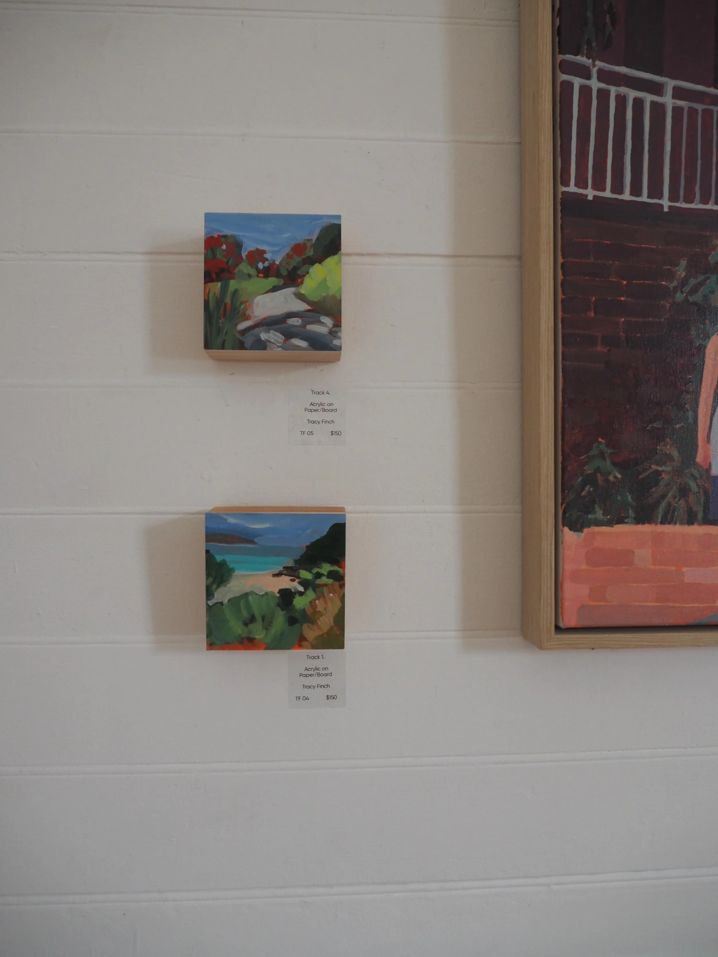 These sweet little Mount base track paintings, mounted onto wood box panels, are on show and available as part of Villa Studios group exhibition. They are joyful, expressive landscapes that can sit just as easily on a book shelf, as they can hung in 