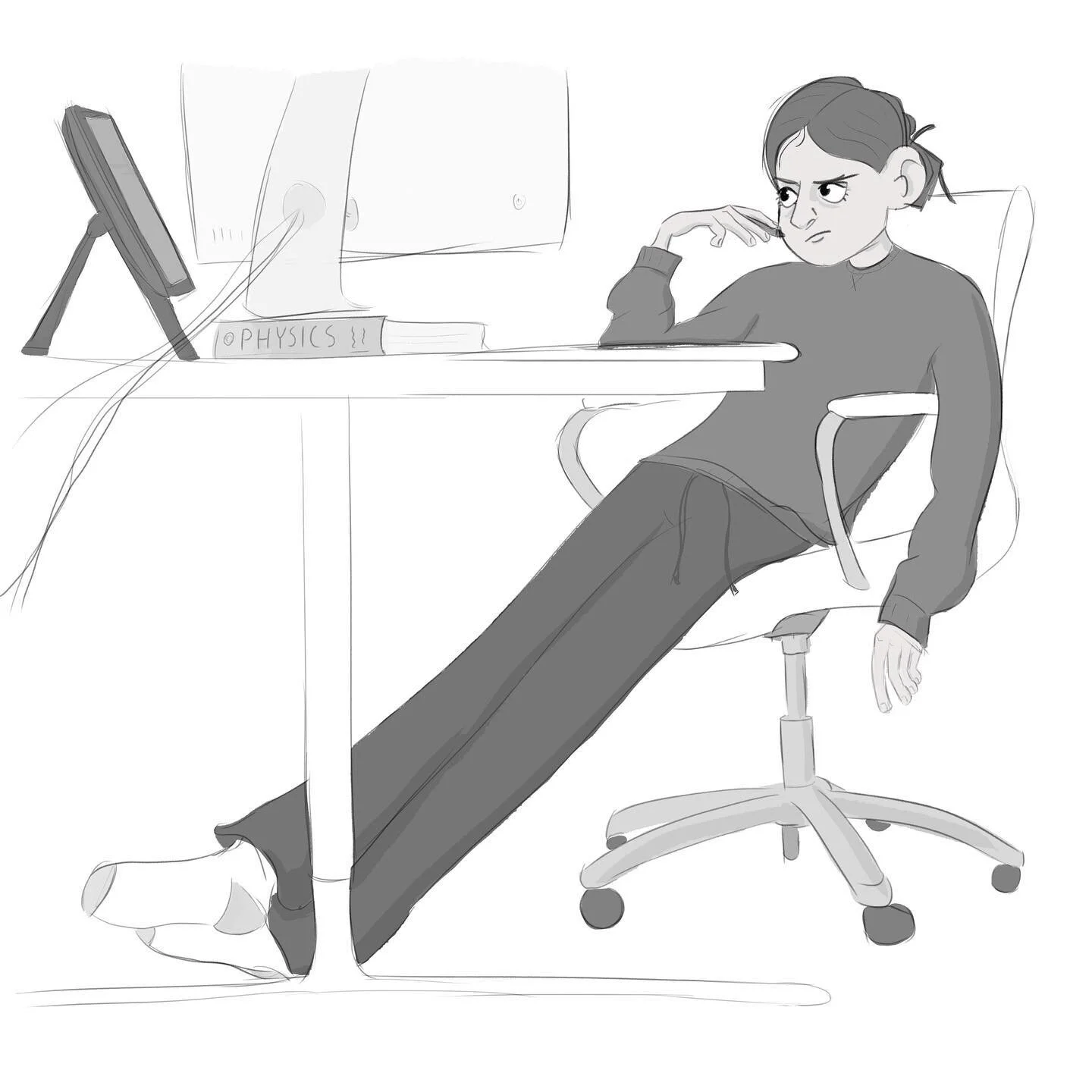 An uncomfortably accurate depiction of how I&rsquo;ve been spending all my days lately - intensely confused in front of my computer while in my jammies 😅 Trying to get back into sketching regularly in-between animating! 
.
.
.
.
.
#illustration #pho