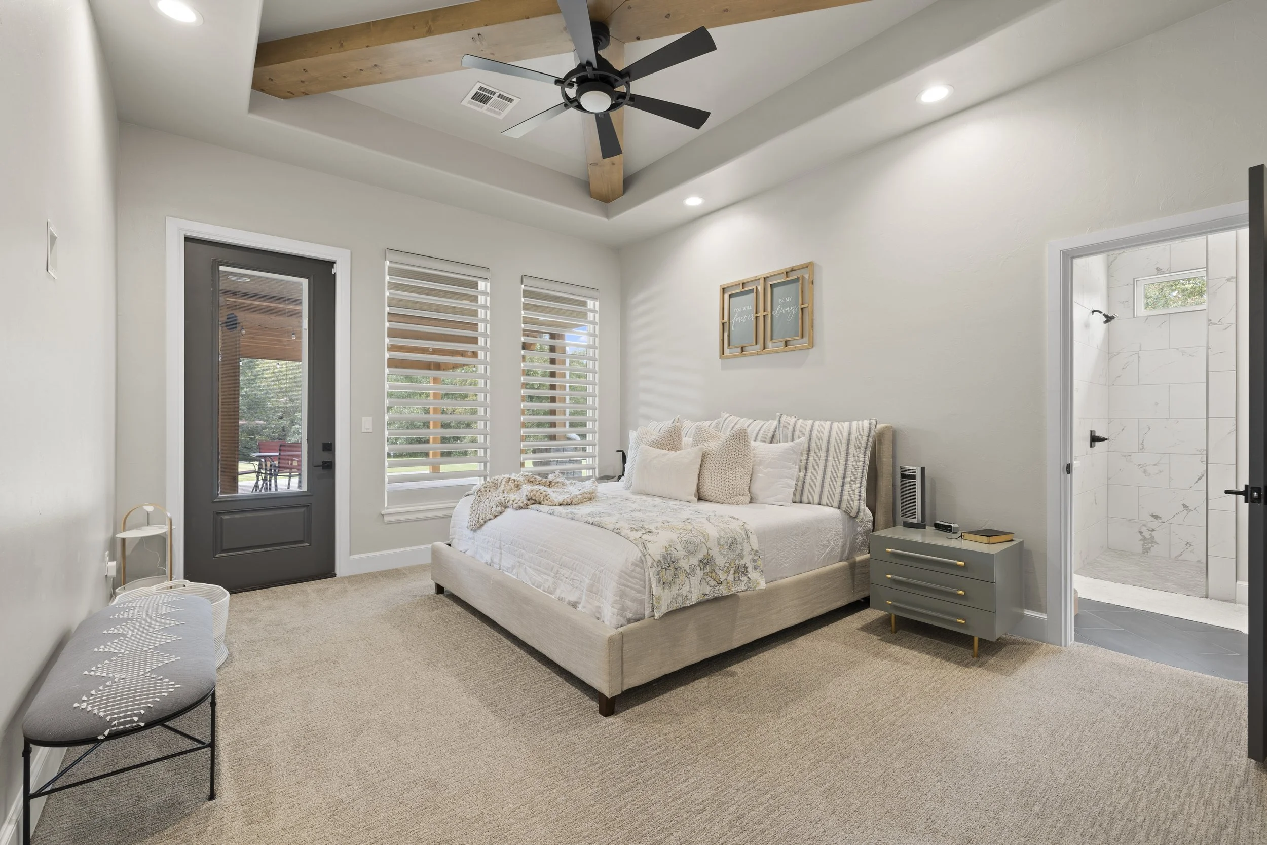 Bright and airy bedroom interior, photographed in Miramar Beach—ideal for vacation rental marketing or home staging showcases