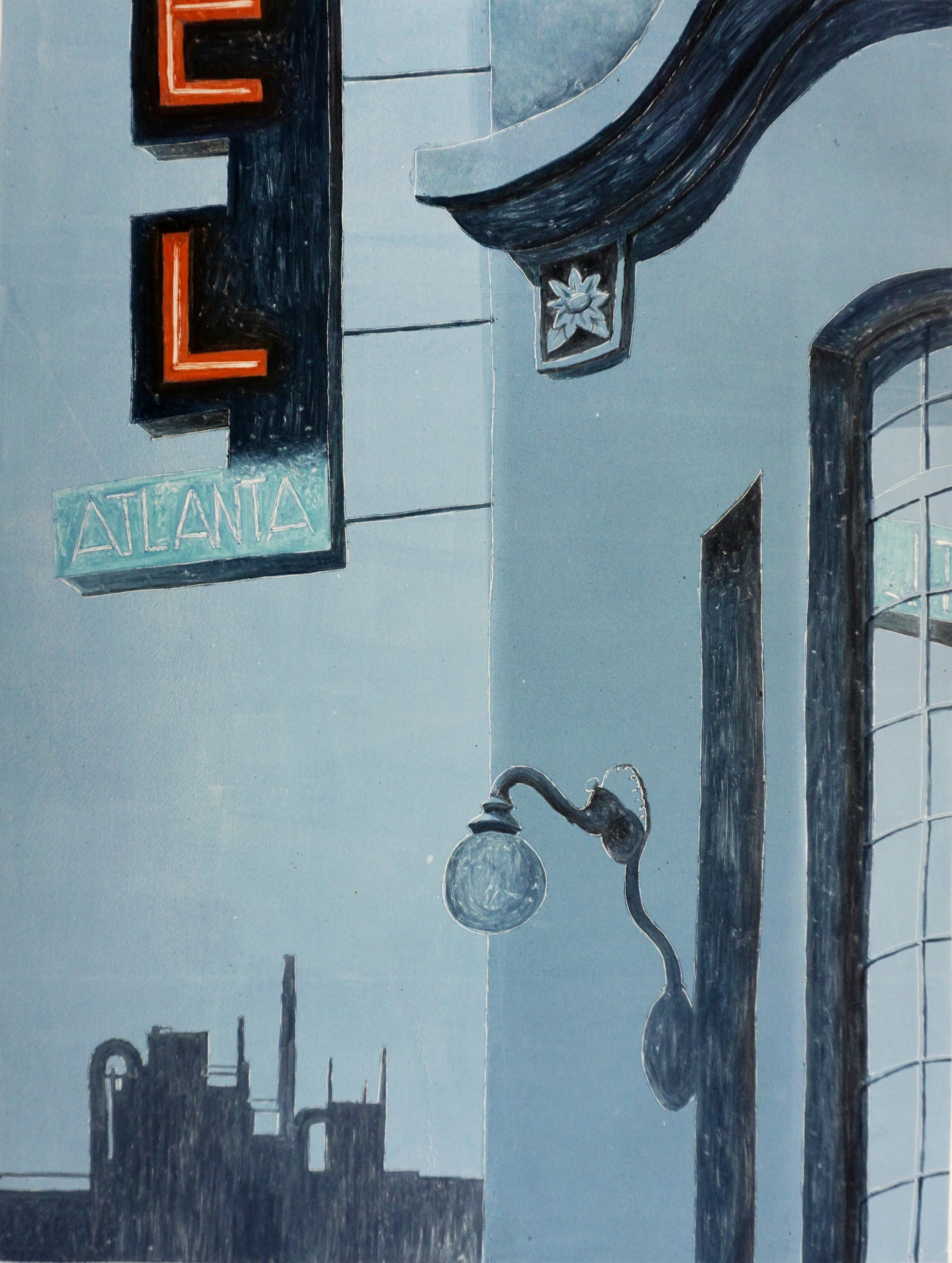 Street corner with a neon sign reading 'ATLANTA', a vintage wall-mounted lamp, and a building with arched windows and a city skyline silhouette in the background.