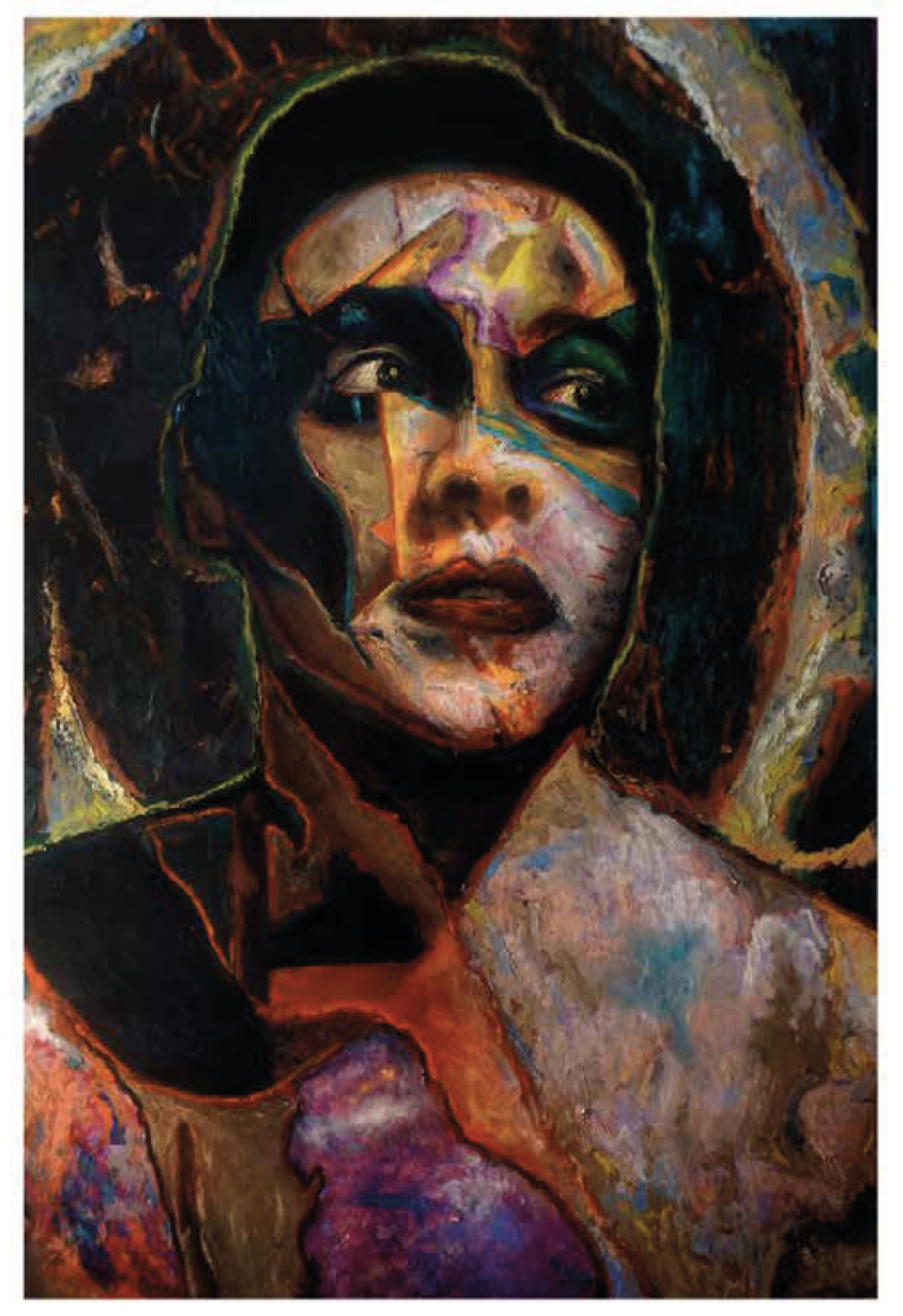 Colorful abstract portrait of a woman's face with expressive brushstrokes and vibrant hues.