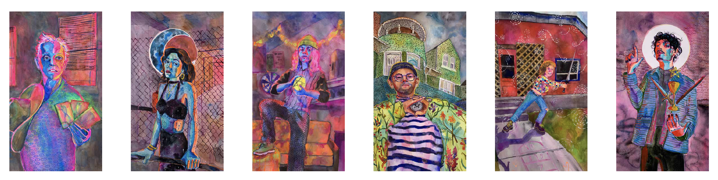 Six colorful portraits of different individuals in artistic watercolor style, each with unique backgrounds and poses.