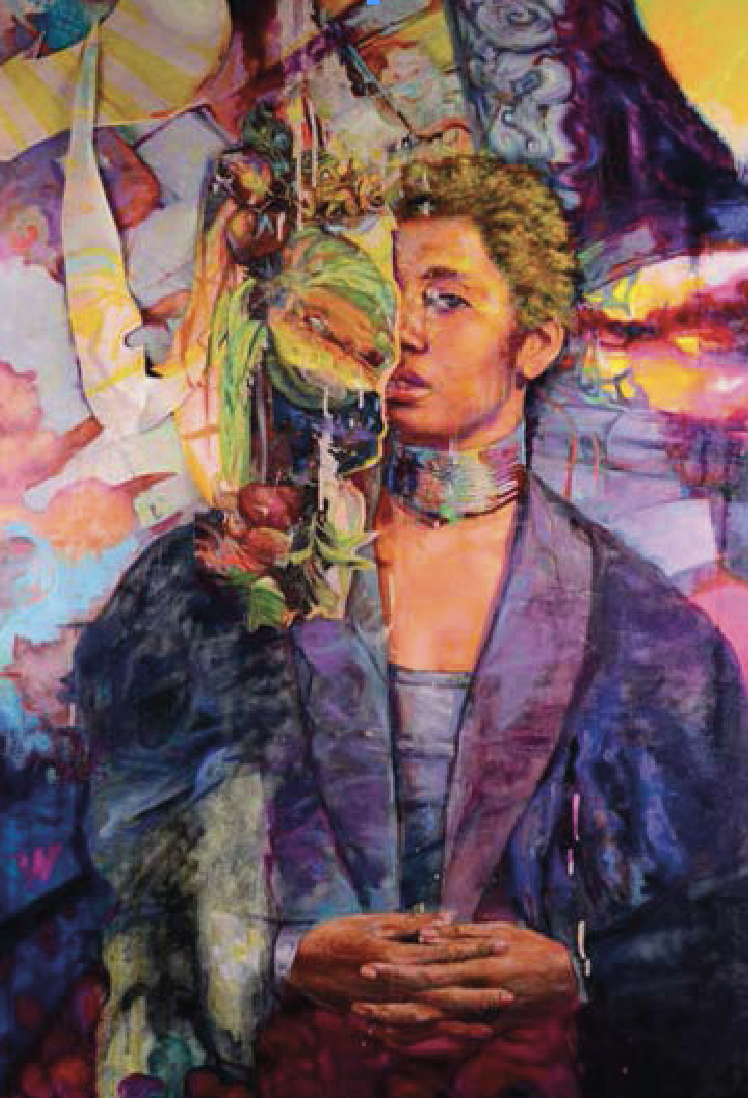 A colorful abstract painting of a person with curly hair, wearing a purple jacket and a choker, holding a mask of a face with vibrant colors, set against a psychedelic background with swirling patterns and bright colors.
