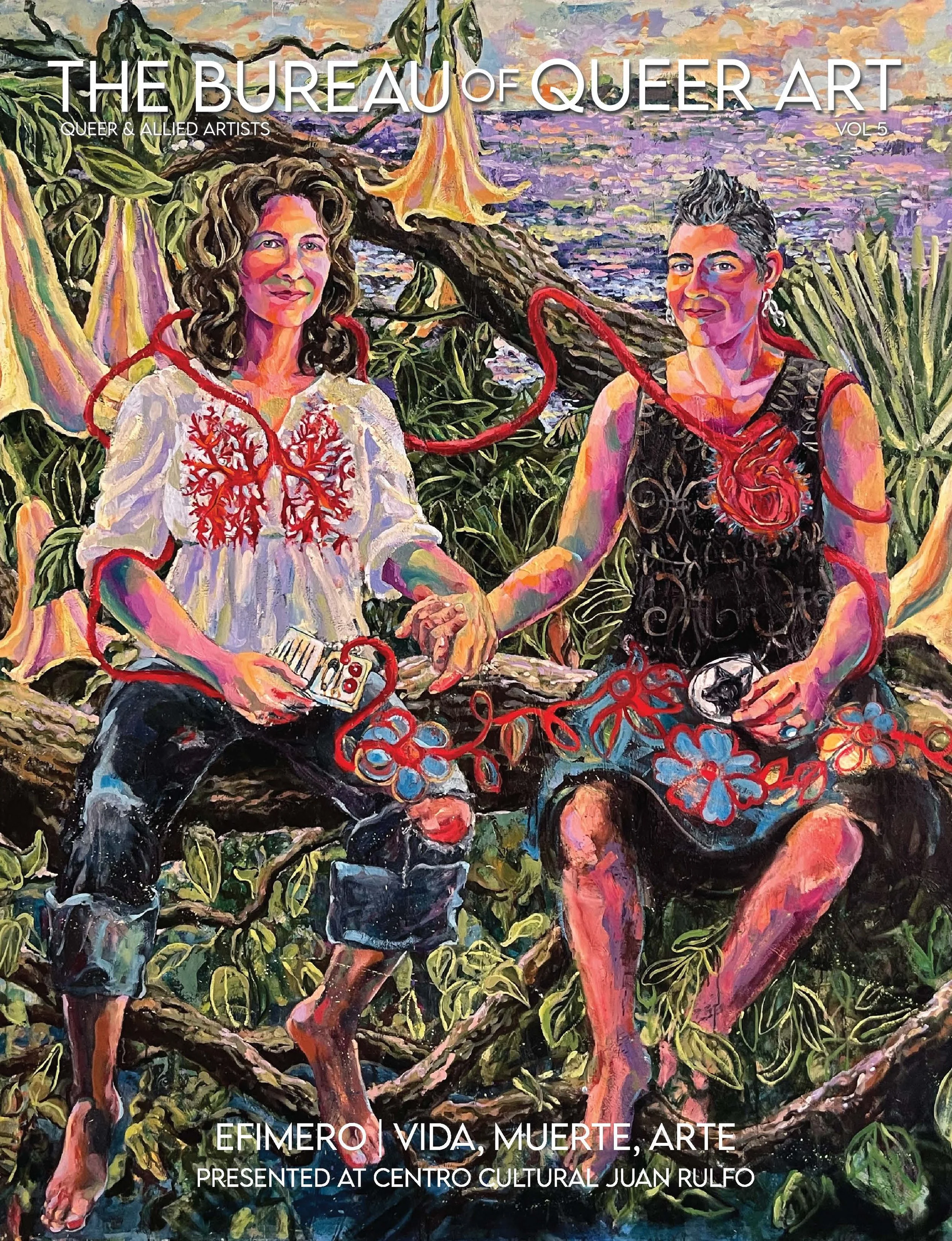 Colorful painting of two women sitting on a tree branch outdoors, holding hands. One woman has curly hair, wearing a white blouse with red tree-like patterns. The other woman has short dark hair, wearing a black dress with intricate patterns. Red ribbons are intertwined around them. Background features lush greenery, leaves, and a body of water with a sunset sky.