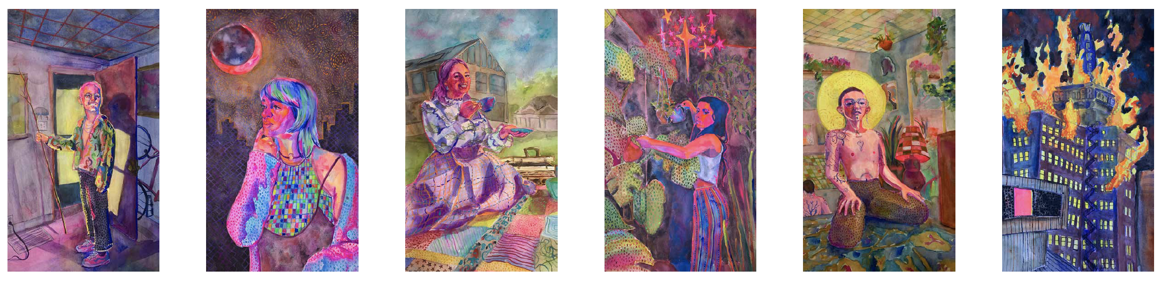 A series of six vibrant, colorful digital paintings of women in various settings, including a room, a night sky with a moon, a park, a fairy-lit scene, an indoor room with a person, and a cityscape with a burning building.
