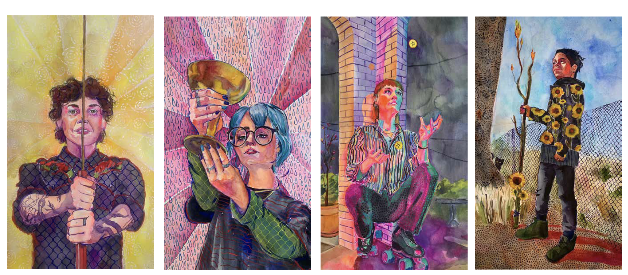 Series of four colorful, artistic portraits of women, each with distinct backgrounds and styles: the first woman holding an umbrella with a yellow background, the second woman with blue hair drinking from a goblet amid rain motifs, the third woman squatting on a skateboard against a purple and orange cityscape, and the fourth woman holding a sunflower with a chain-link fence background.