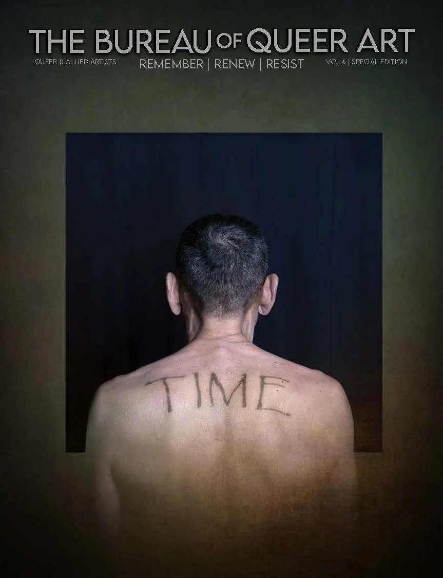 Magazine cover titled 'The Bureau of Queer Art' showing the back of a shirtless person with short black hair, with the word 'TIME' written on their back.