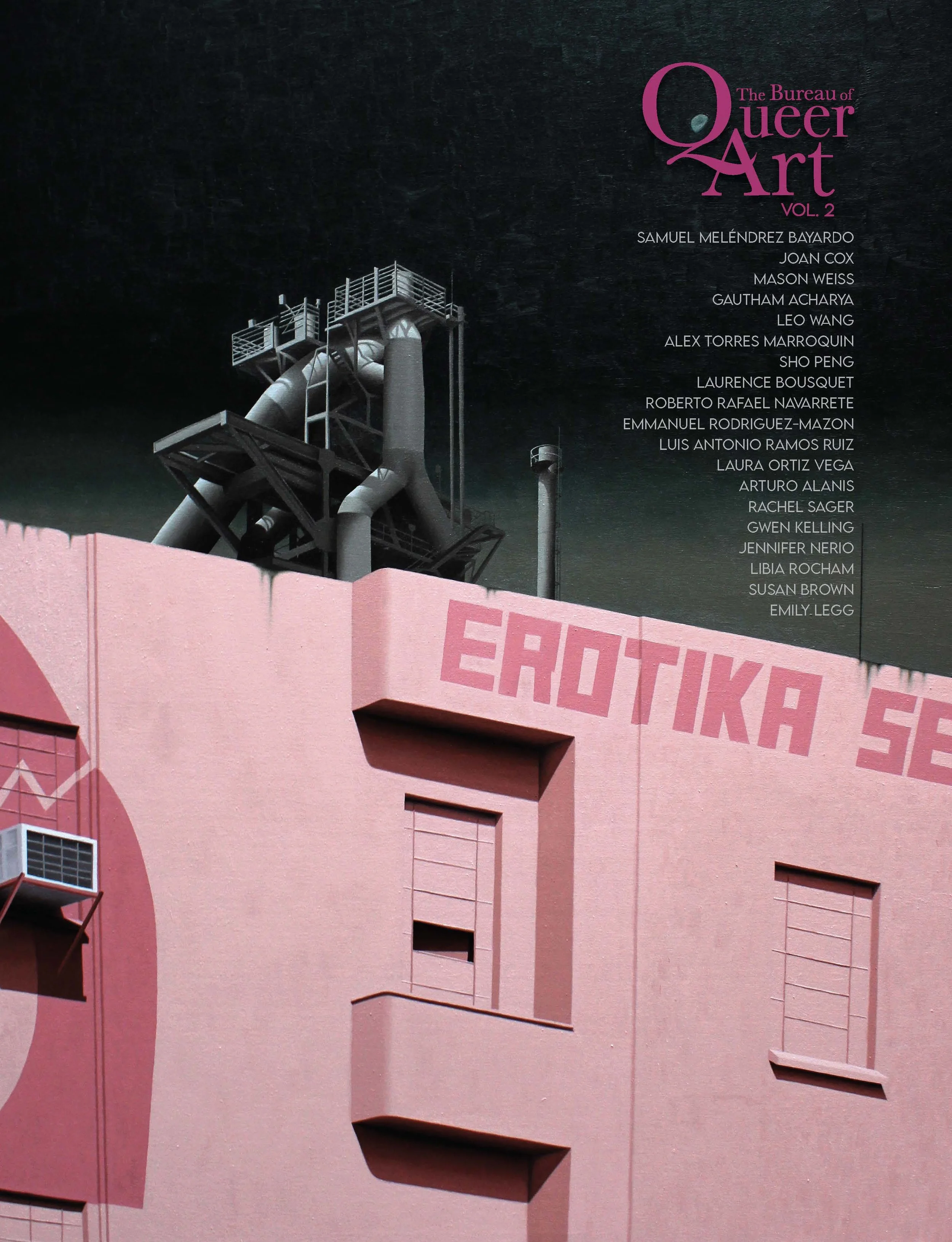 Cover of the magazine 'Queer Art' Vol. 2, with an image of a pink building and industrial structures on top, and a list of artist names.