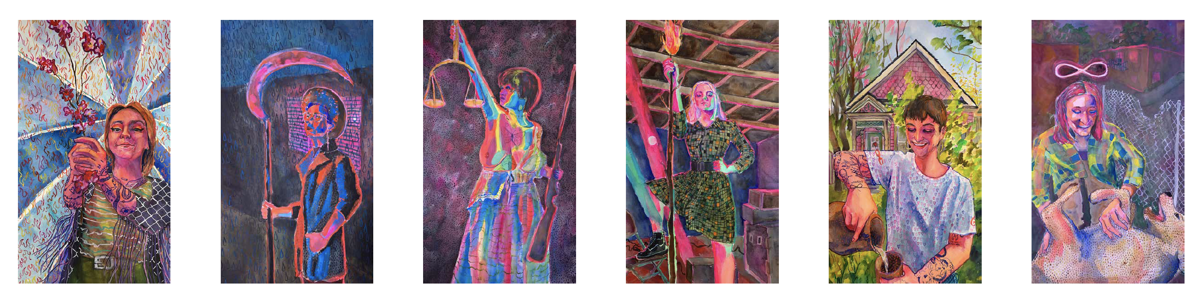 A collage of digital art portraits of women, each in vibrant, colorful styles with various backgrounds and poses.