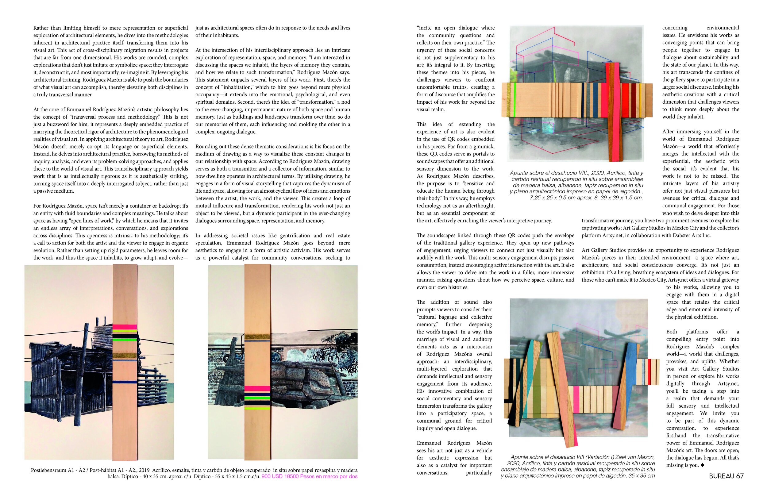A magazine or newspaper spread featuring textual content and two photographs of architectural models with colorful elements on a white background.