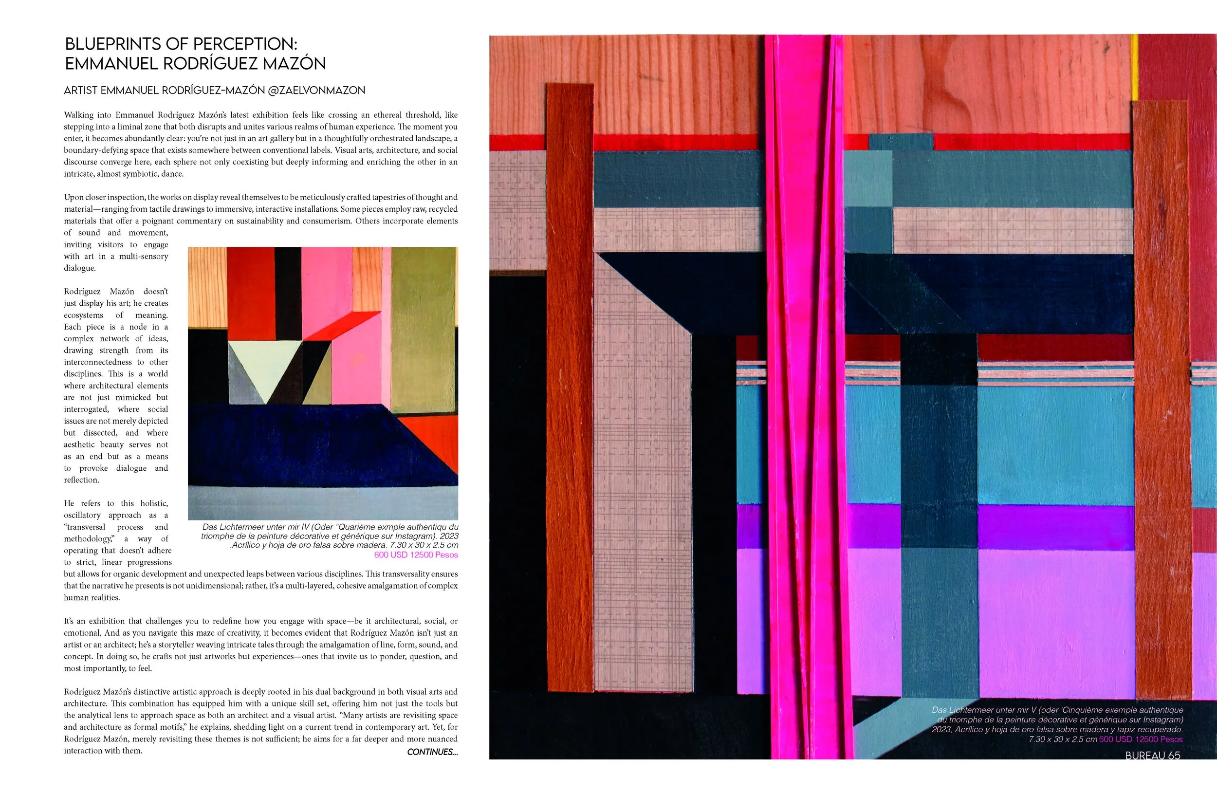 An exhibition catalog page displaying text about Emmanuel Rodriguez Mazón and his art, with two abstract paintings featuring geometric shapes and vibrant colors like pink, red, blue, and orange.
