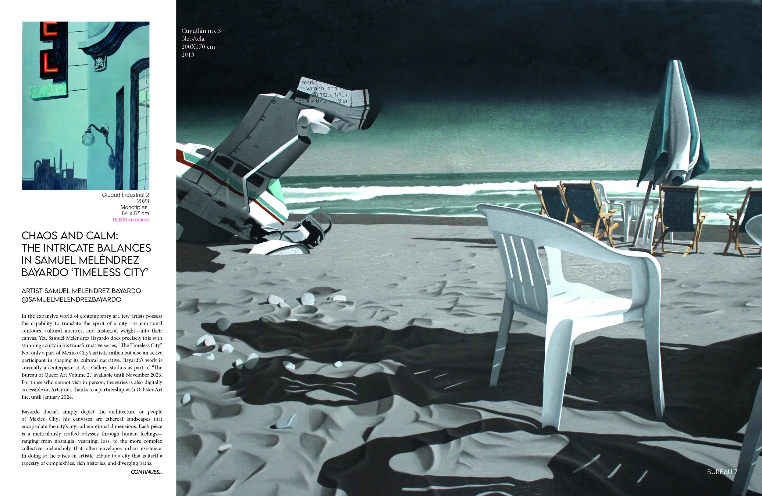 A digital painting of a beach scene with a white plastic chair in the foreground, a group of beach chairs with umbrellas, and a destroyed boat on the sand, with ocean waves in the background under a dark, cloudy sky.